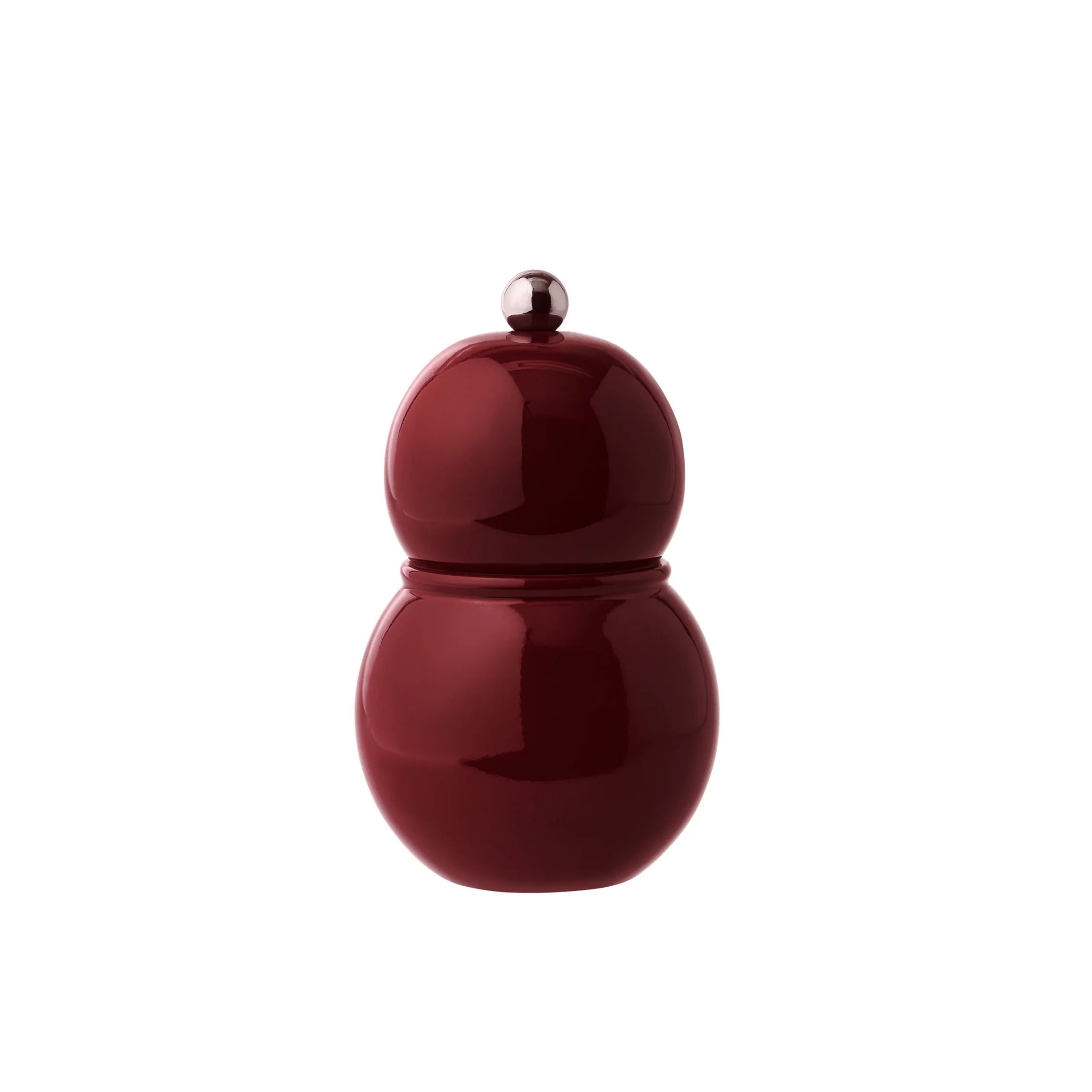 Een glanzende, dieprode Addison Ross Chubby Zout-en Pepermolen Kersenrood 12 cm met een zilveren knop en keramisch maalwerk wordt getoond tegen een effen witte achtergrond.