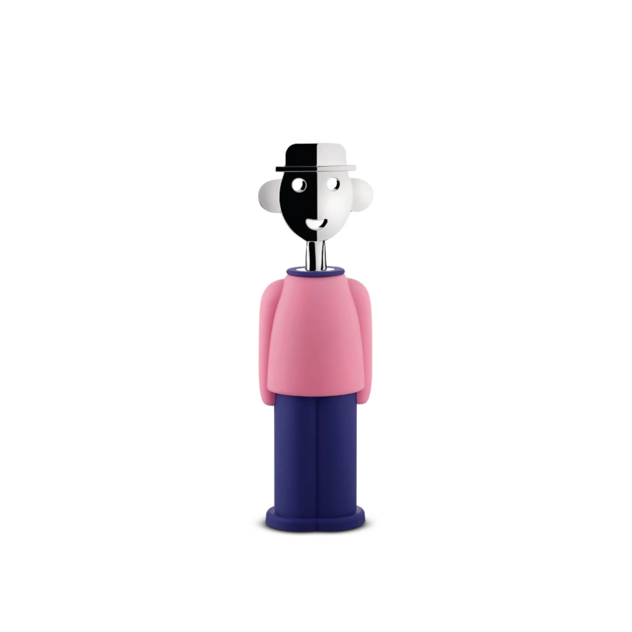 De Alessi Alessandro Kurkentrekker Blauw/Roze kurkentrekker heeft een grillig gespleten zwart-wit gezicht, witte hoed, roze shirt en blauwe broek - een iconisch Alessi designobject tegen een witte achtergrond.