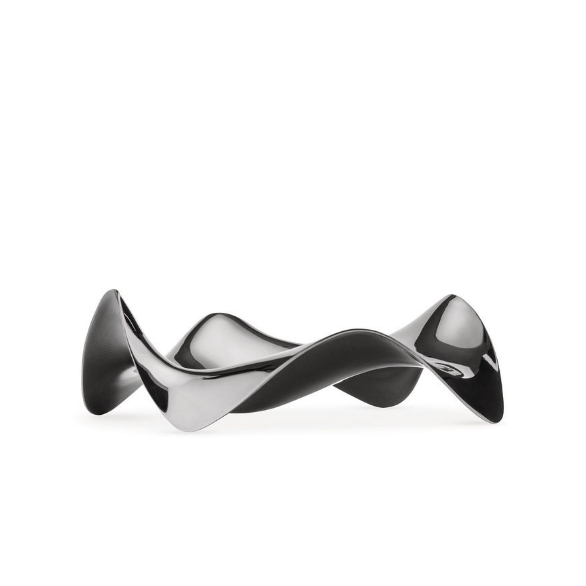 De Alessi Blip Lepelhouder is een moderne, golvende zwart met zilveren sculpturale lepelhouder met een glanzende afwerking en abstracte rondingen - een elegant voorbeeld van Italiaans design tegen een frisse witte achtergrond.