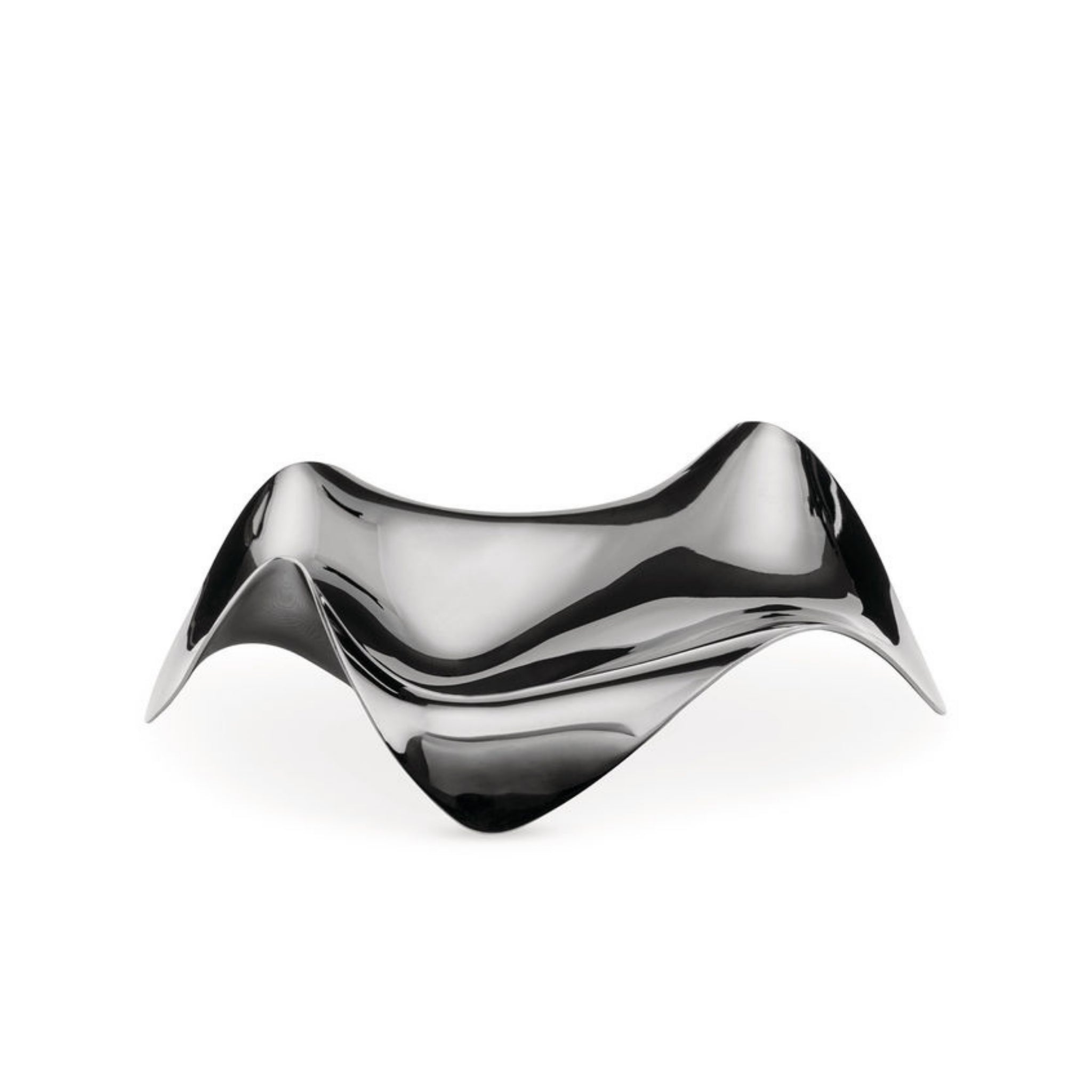 De Alessi Blip Lepelhouder heeft abstracte, golvende rondingen en een reflecterend zilveren oppervlak - een elegant keukenaccessoire dat Italiaans design benadrukt tegen een effen witte achtergrond.
