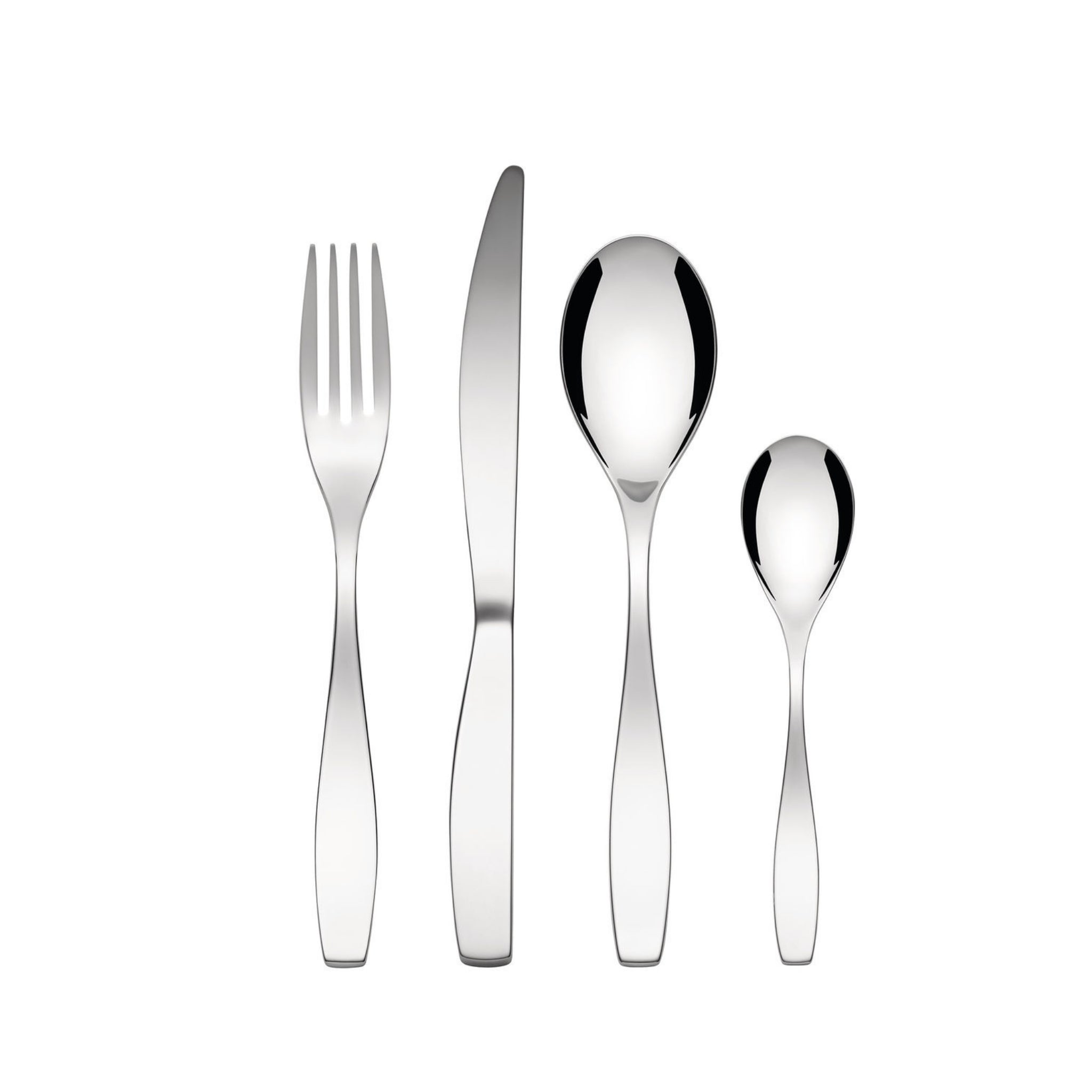 Een selectie van vier roestvrijstalen gebruiksvoorwerpen - vork, mes, eetlepel en theelepel - uit de Alessi Duna Bestek 24-delig collectie van Alessi zijn op een rij geplaatst op een witte achtergrond, waardoor hun elegante Italiaanse ontwerp wordt benadrukt.