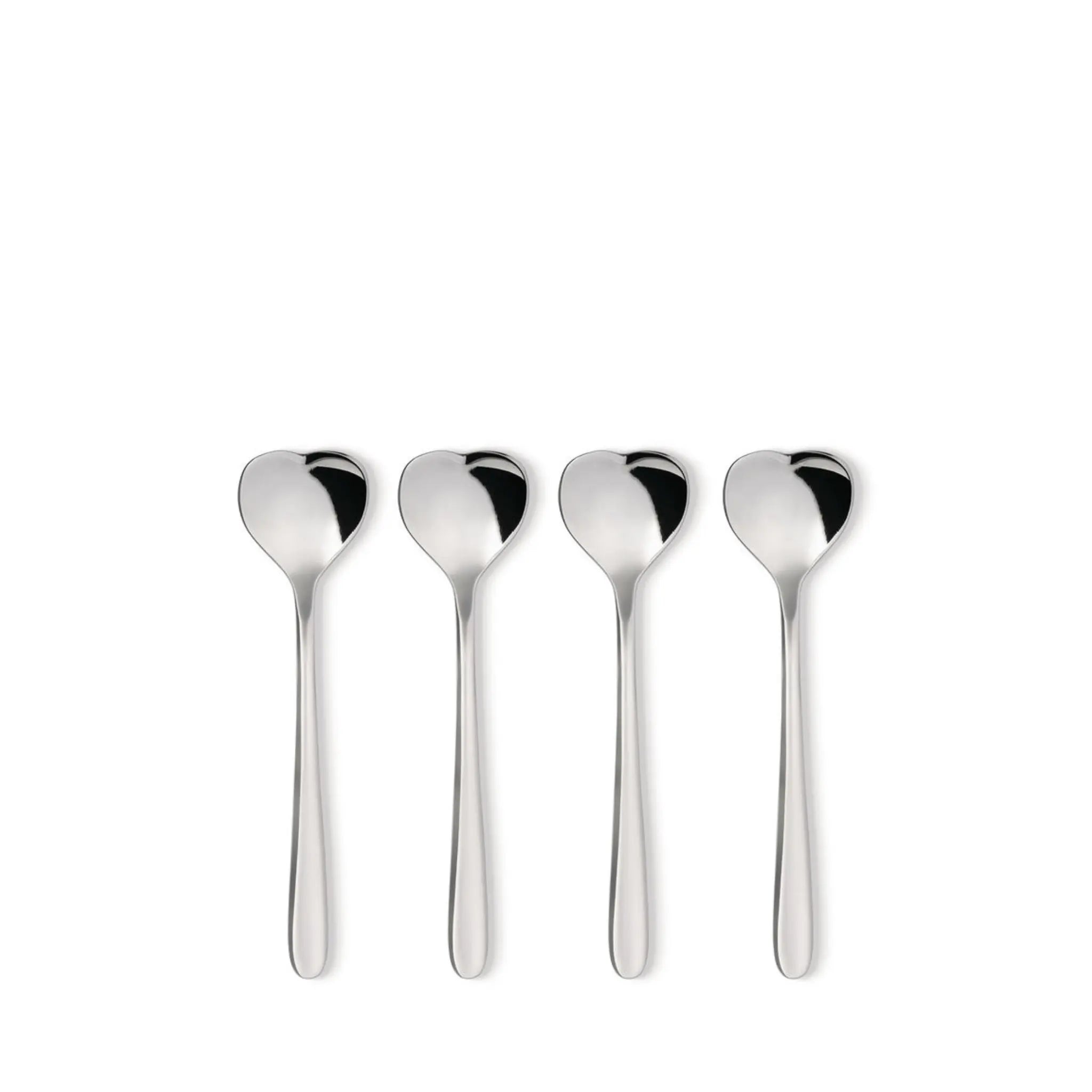 Vier Alessi Big Love Koffielepels (set van 4) met hartvormige schaaltjes staan naast elkaar op een witte achtergrond.