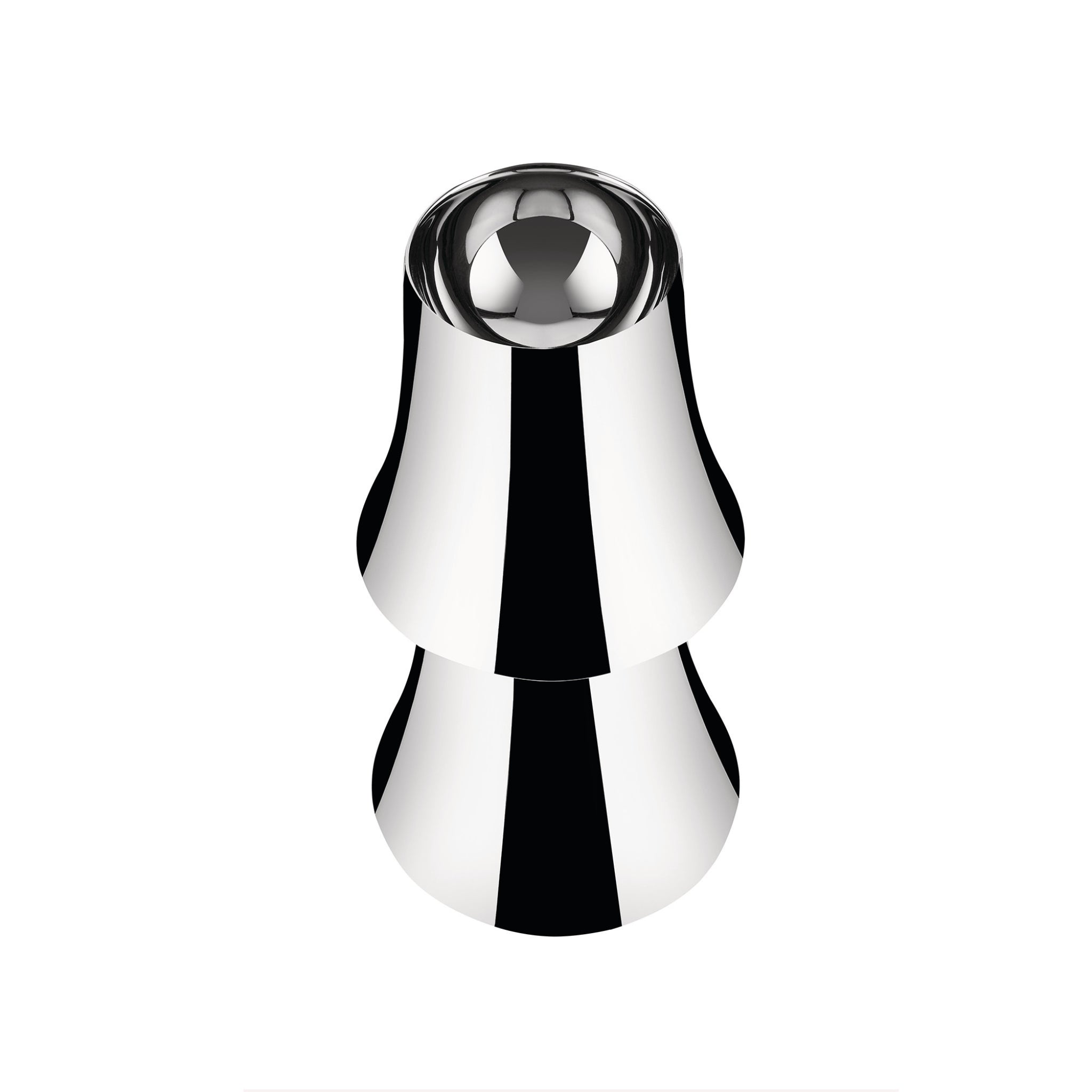 Een gepolijste, metalen Alessi Halesia Tafellamp LED Oplaadbaar met vloeiende rondingen en een centrale inkeping bij de bovenkant, met een reflecterend oppervlak in klassieke Alessi-stijl, staat tegen een effen witte achtergrond.