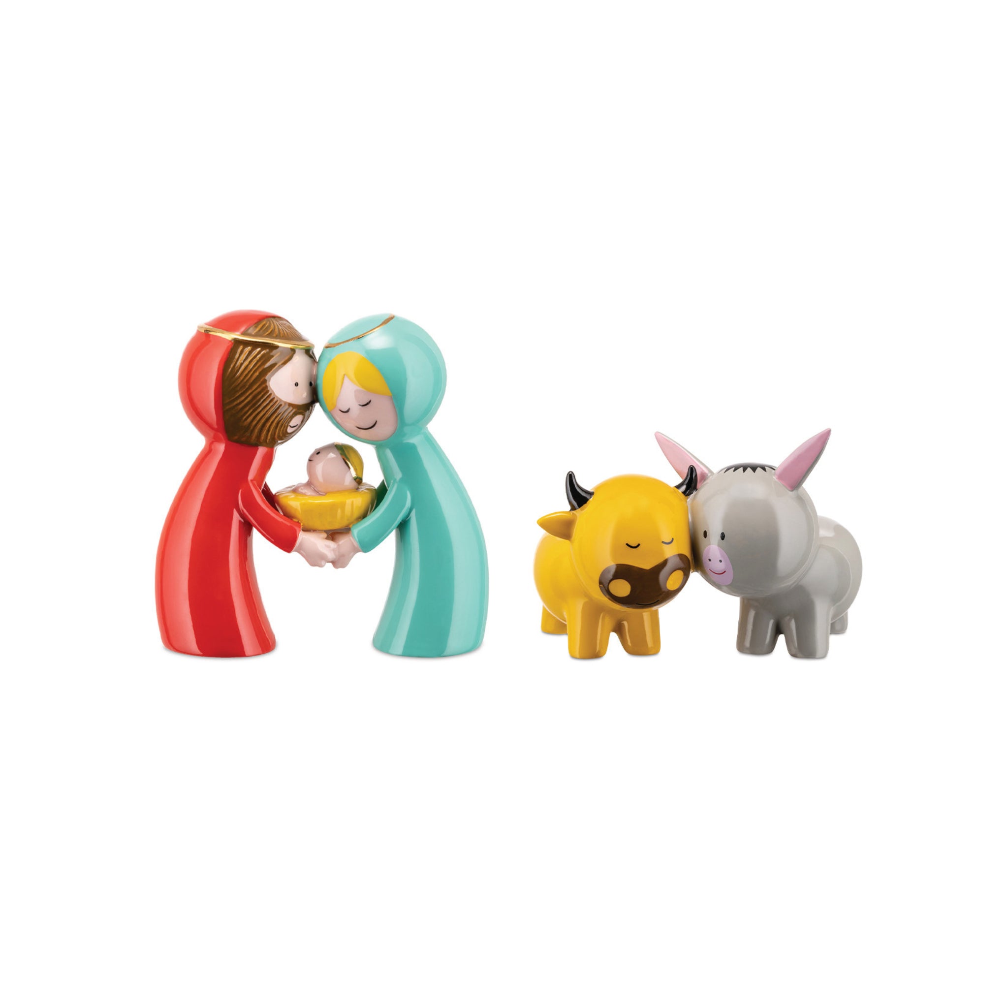 De Alessi Happy Eternity Baby 2 st. set van Alessi is een minimalistische kerststal in cartoonstijl met porseleinen figuurtjes van Maria, Jozef die baby Jezus vasthoudt, plus een gele os en grijze ezel.