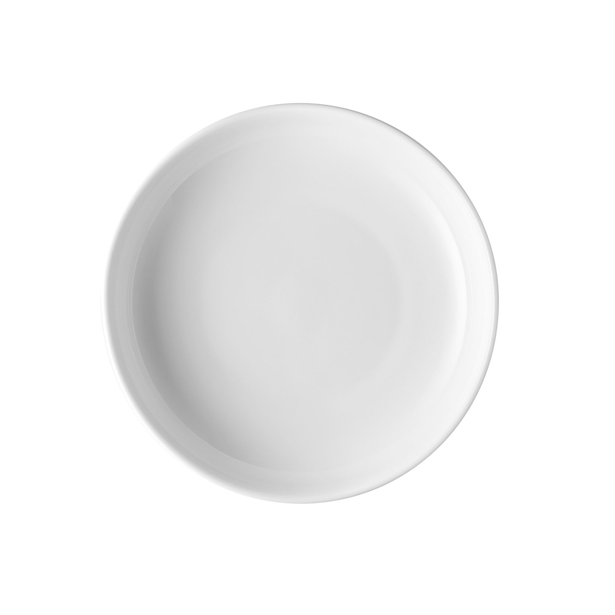 De Alessi Itsumo Diep Bord Wit D20, een rond wit keramisch bord van Alessi, is een toonbeeld van tijdloos Japans design en is van bovenaf gefotografeerd op een witte achtergrond.