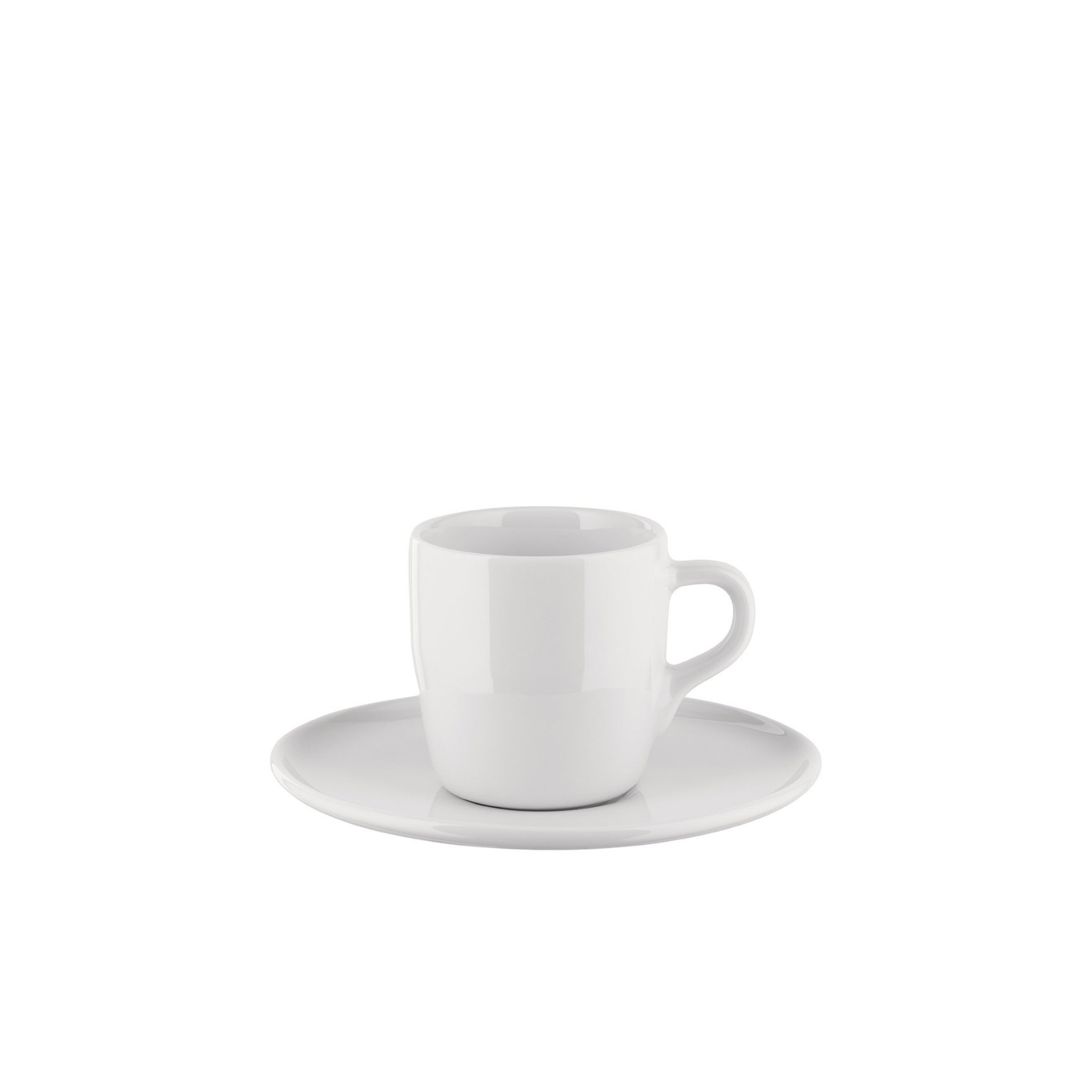 De Alessi Itsumo Espresso Kop + Schotel Wit 8 cl benadrukt de minimalistische elegantie van Japans design, met een effen witte keramische kop en bijpassende schotel uit Alessi's collectie tegen een witte achtergrond.