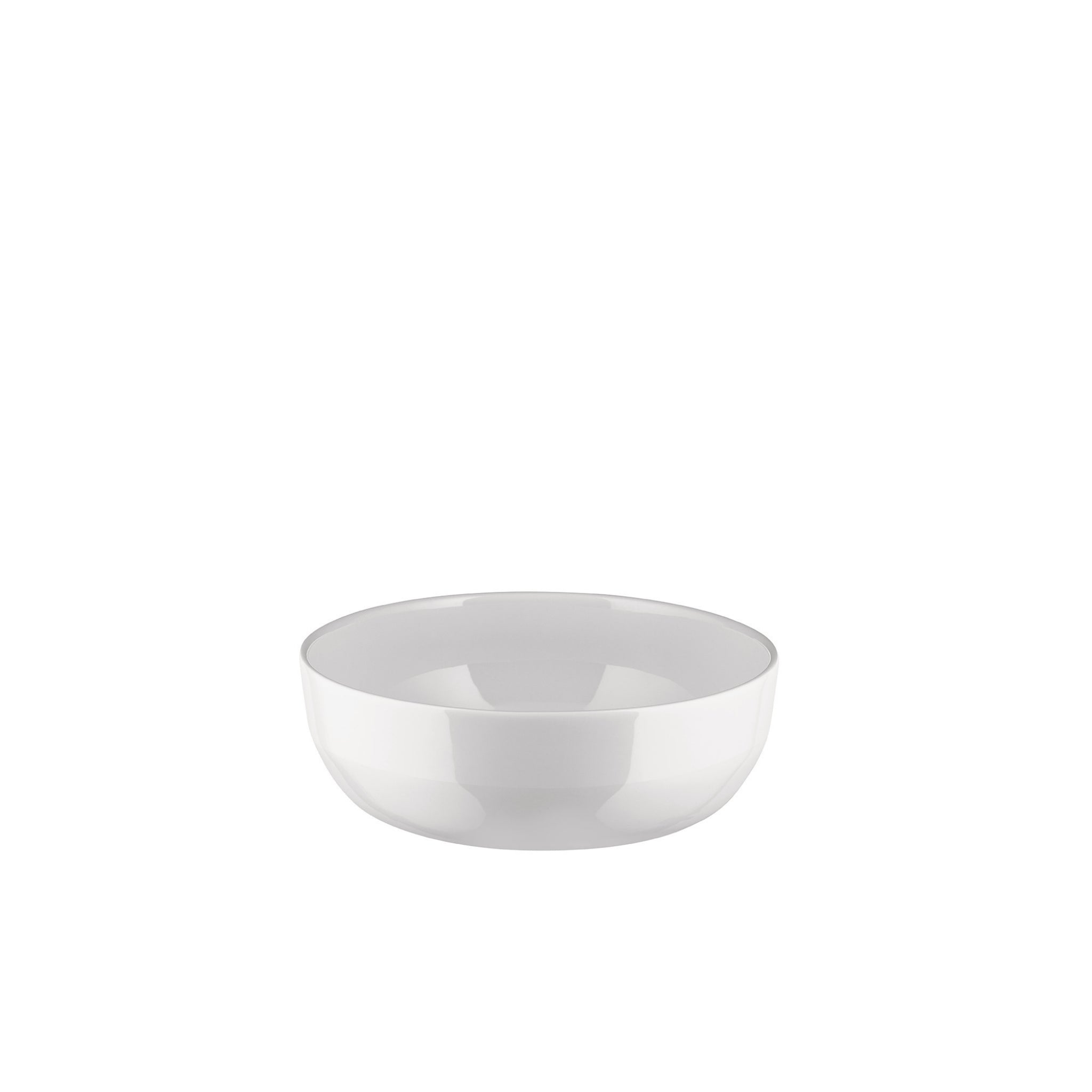 Een effen, witte Alessi Itsumo Kom Wit D14 kom van keramiek met een gladde, glanzende afwerking en een eenvoudige ronde vorm, geïnspireerd op Japans design en Naoto Fukasawa's Itsumo collectie, leeg afgebeeld tegen een witte achtergrond.