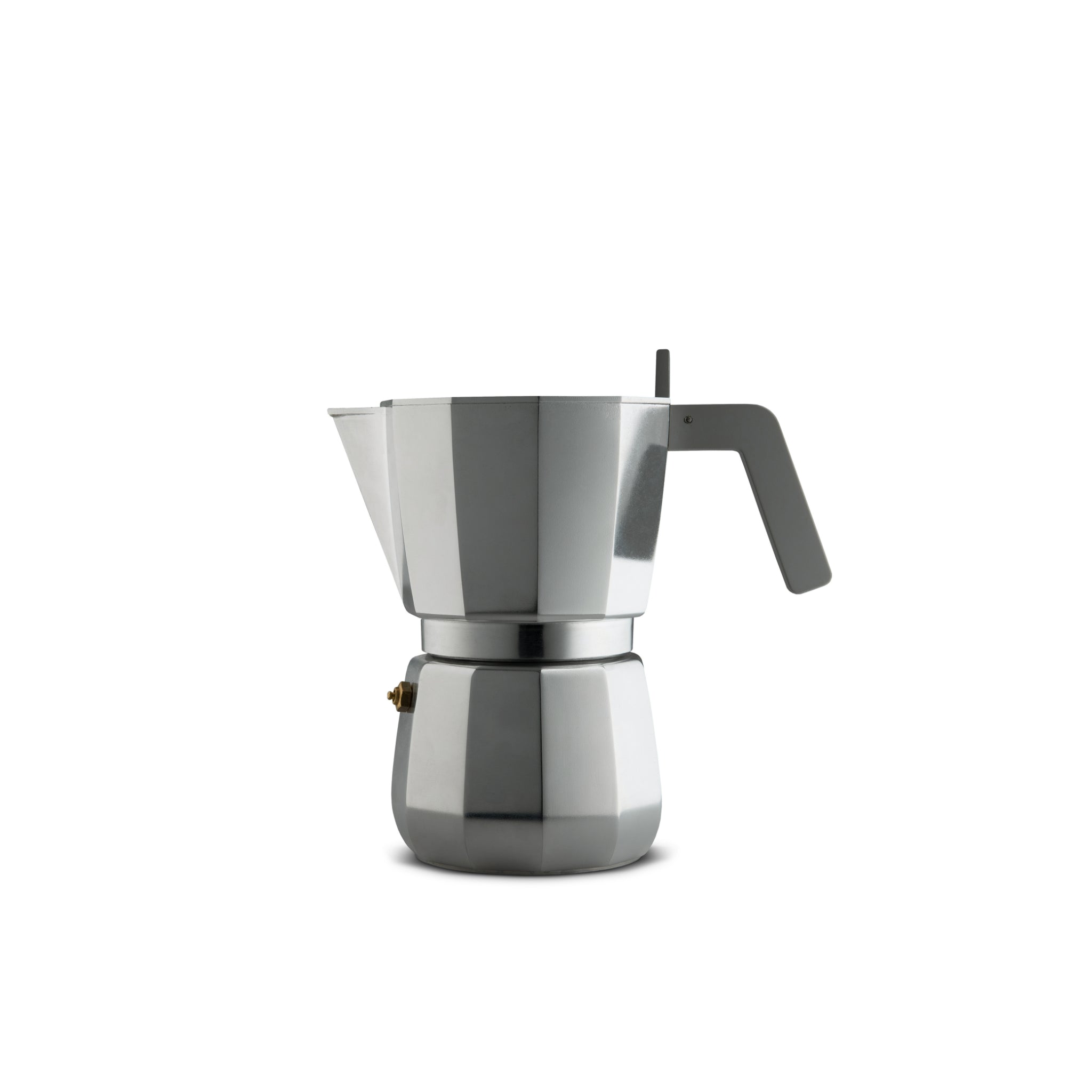 De Alessi Moka Espresso Koffiemaker 3-kops is een zilveren mokapot met een zwart handvat van Alessi, geïsoleerd afgebeeld op een witte achtergrond.