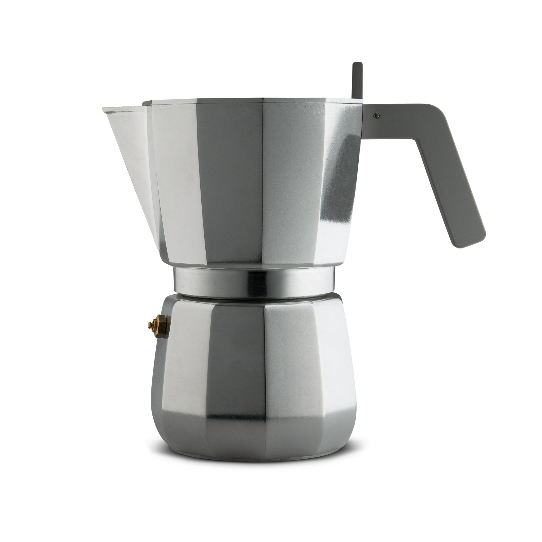 De Alessi Moka Espresso Koffiemaker 9-kops van Alessi is een zilverkleurige espressomaker voor op het fornuis met een zwart handvat en knop, rechtopstaand afgebeeld op een witte achtergrond.