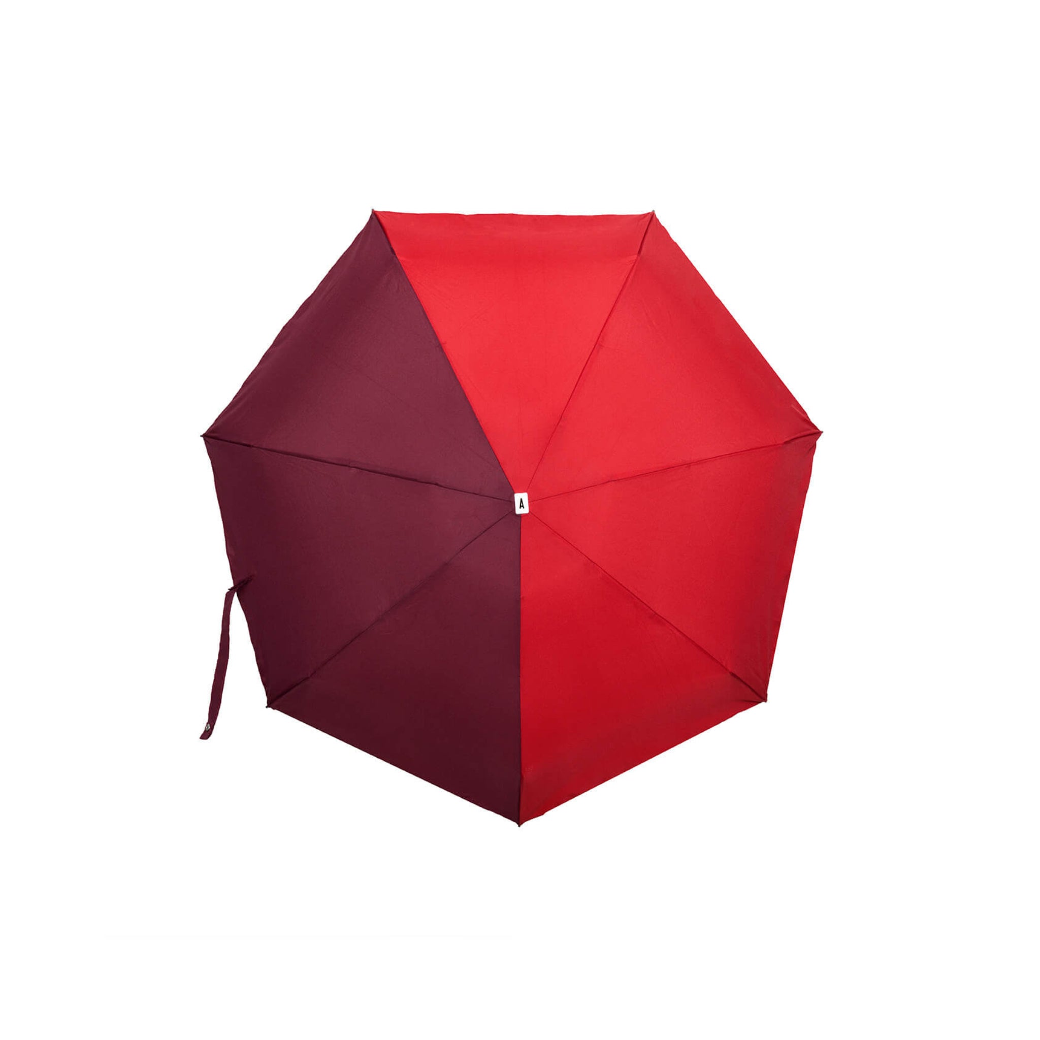 Een bovenaanzicht van de Anatole Micro Paraplu Jules Rood / Bordeaux van Anatole, met afwisselend donkerrode en bordeaux panelen op een effen witte achtergrond.