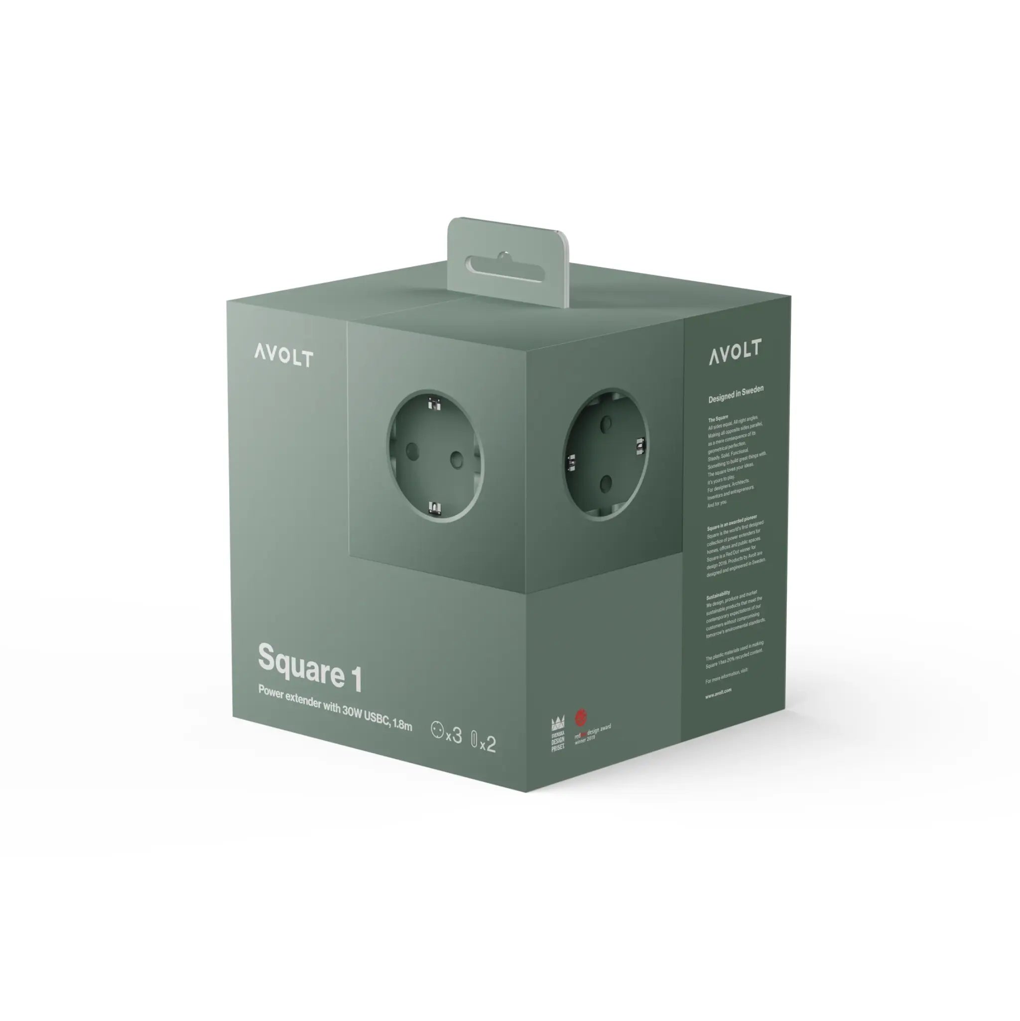 De Avolt Square 1 USB-C Stekkerdoos Eik Groen 1,8 m heeft twee zichtbare Europese stopcontacten en een USB-poort op de verpakking, met productafbeeldingen en beschrijvingen. Merk: Avolt.
