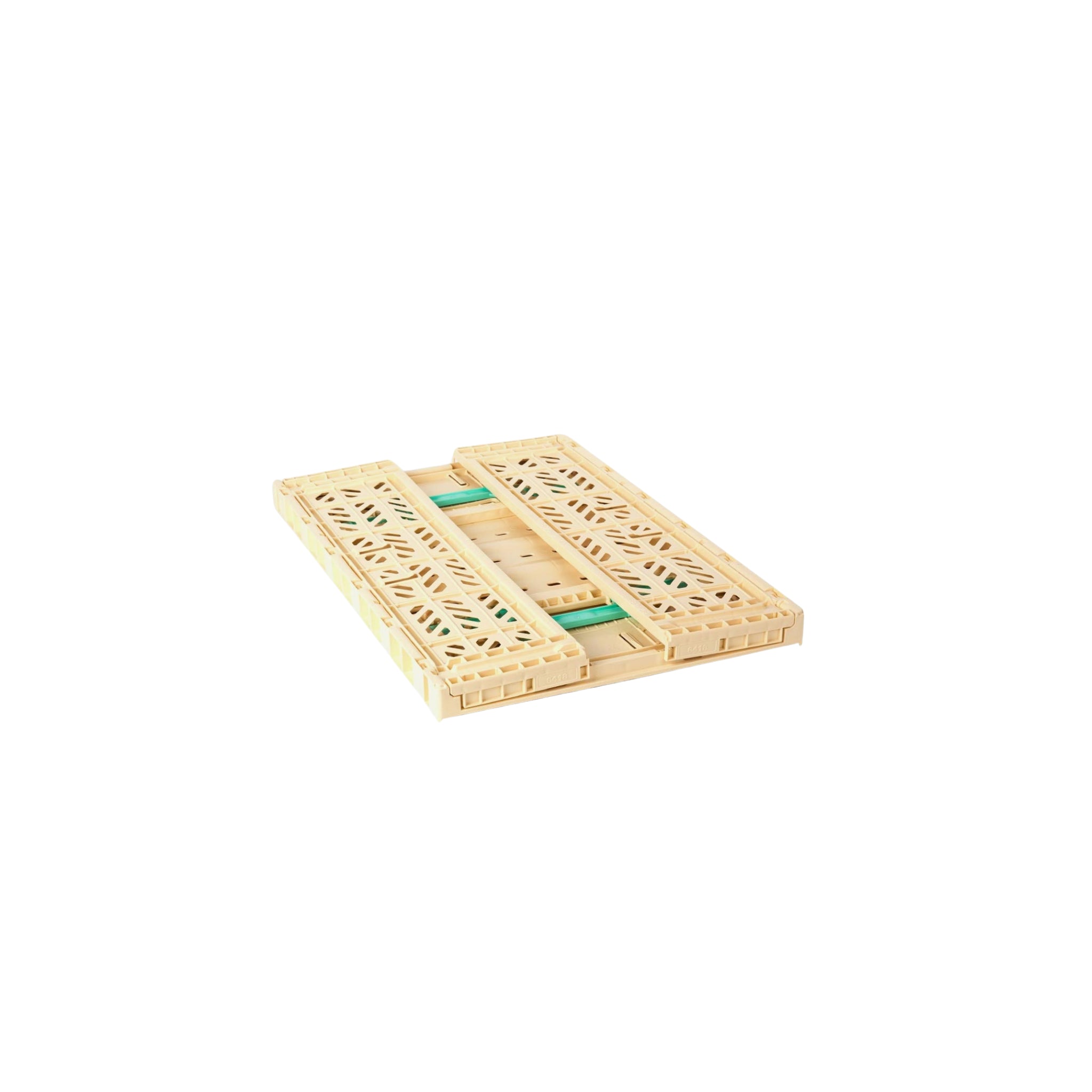 Een gedeeltelijk uitgetrokken houten onderzetter met uitsparingen wordt getoond op een witte achtergrond naast de Aykasa Vouwkrat Maxi Comfort Lock Banana / Munt van Aykasa, ideaal voor stijlvolle en praktische keukenorganisatie.