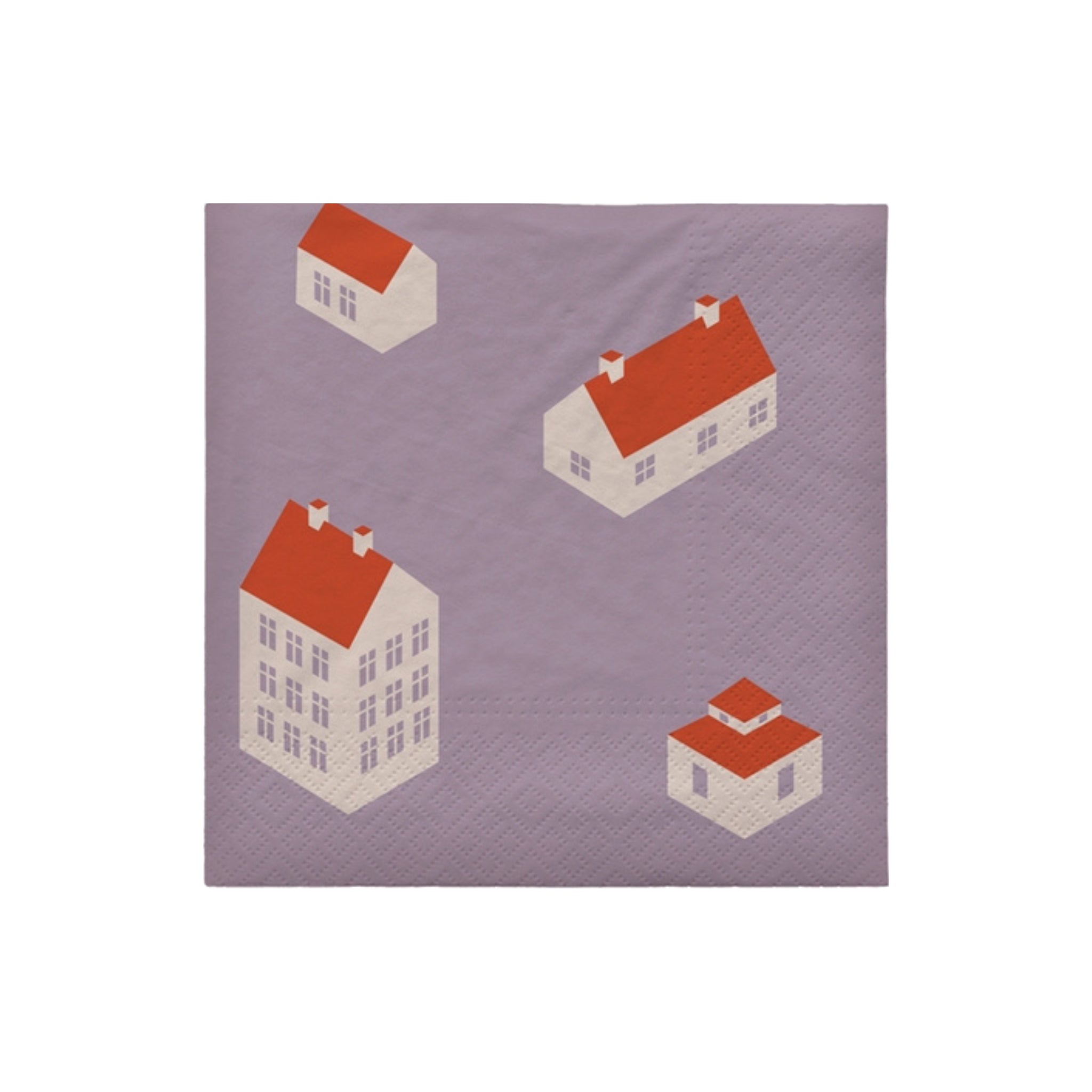 De Broste Copenhagen Bo Servetten Lichtpaars 33/33 is een lichtpaarse, milieuvriendelijke 3-laags servet met illustraties van vier witte huizen met rode daken in verschillende stijlen en maten.