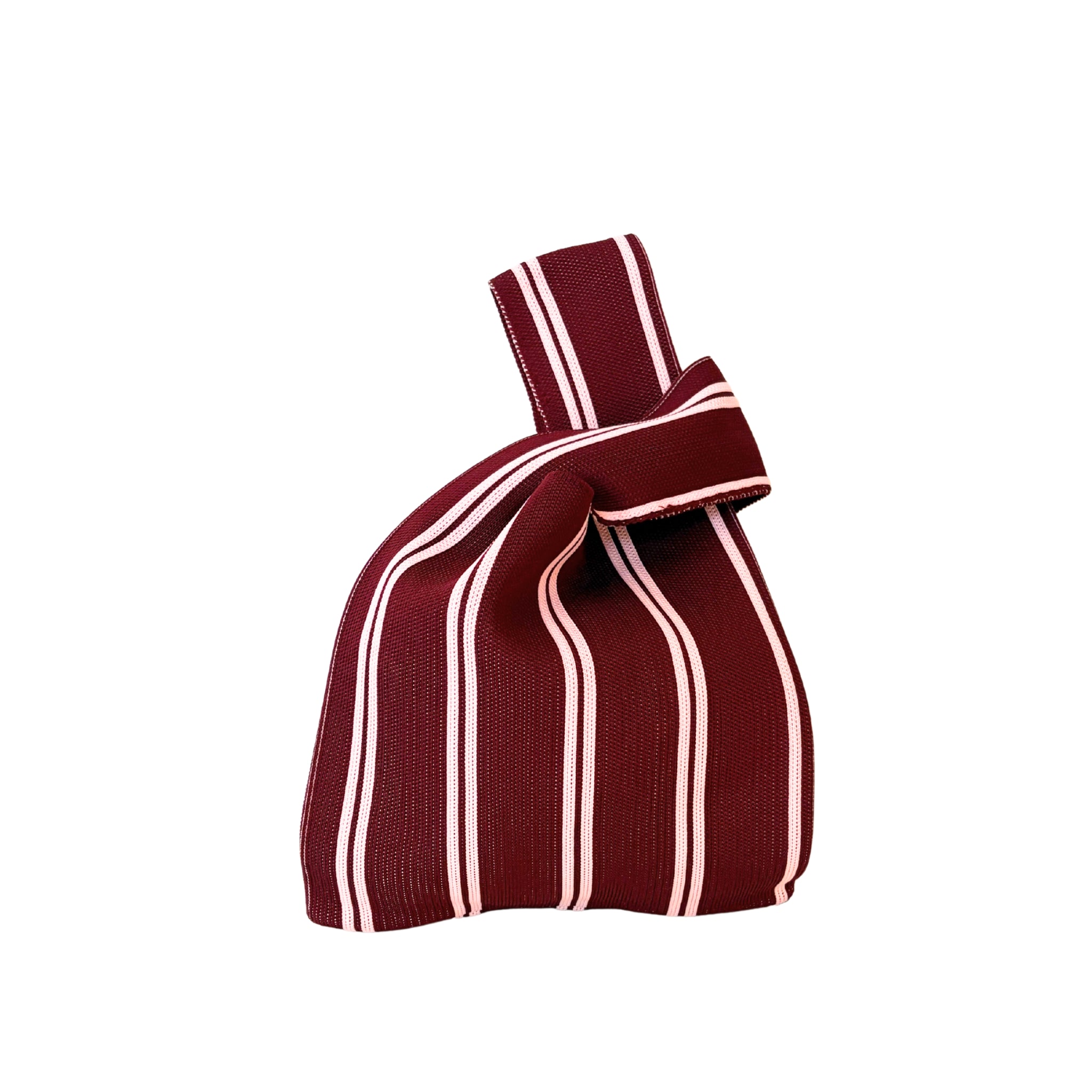 Een kleine stoffen Caro Antwerp handtas, de Caro Handtas Double Dash Pink Promise, heeft kastanjebruine en witte verticale strepen met een geknoopt handvat - perfect voor je Pinky Promise momenten.