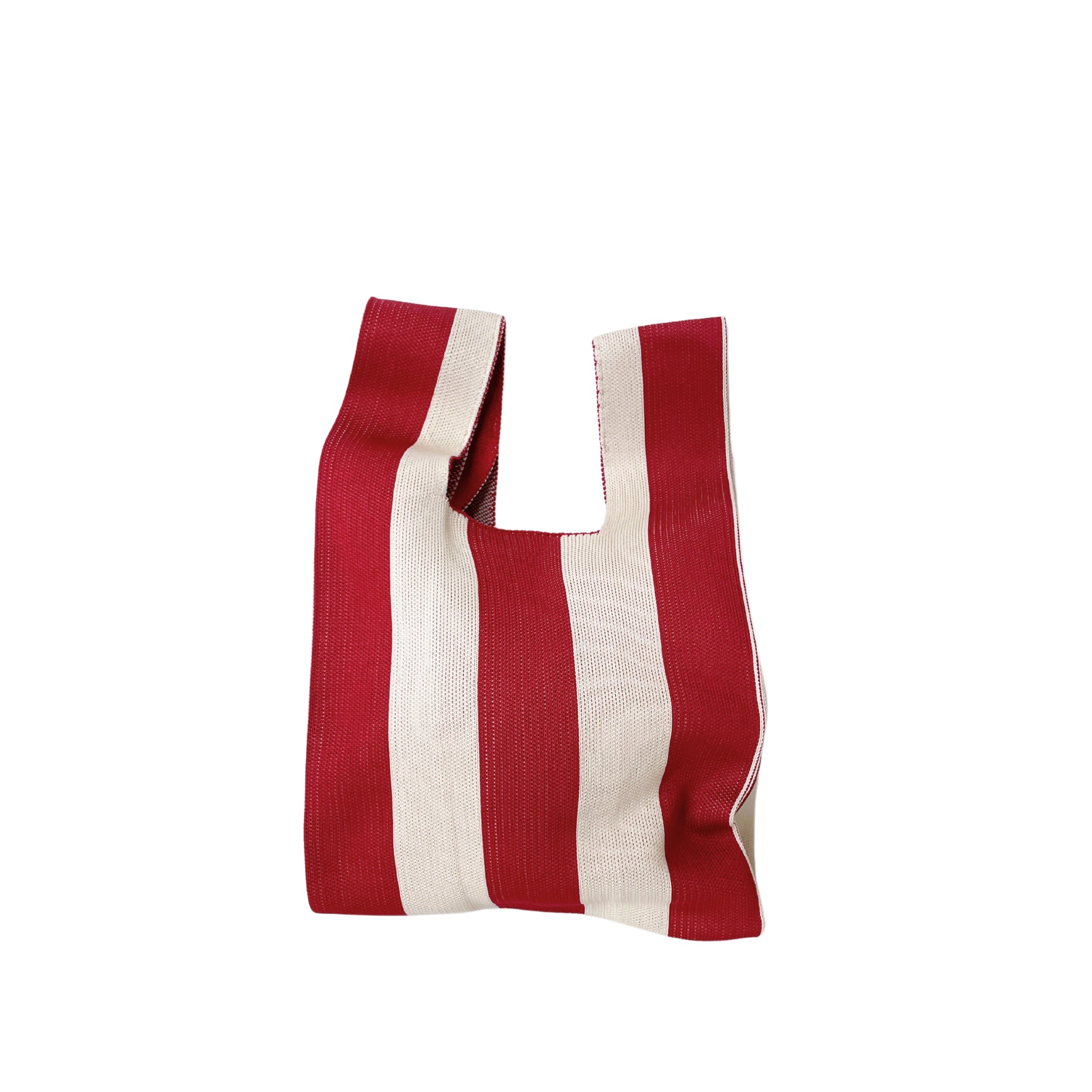 De Caro Handtas Stripe The Casual van Caro Antwerp is een herbruikbare boodschappentas met opvallende rode en witte verticale strepen, gefotografeerd tegen een effen witte achtergrond.