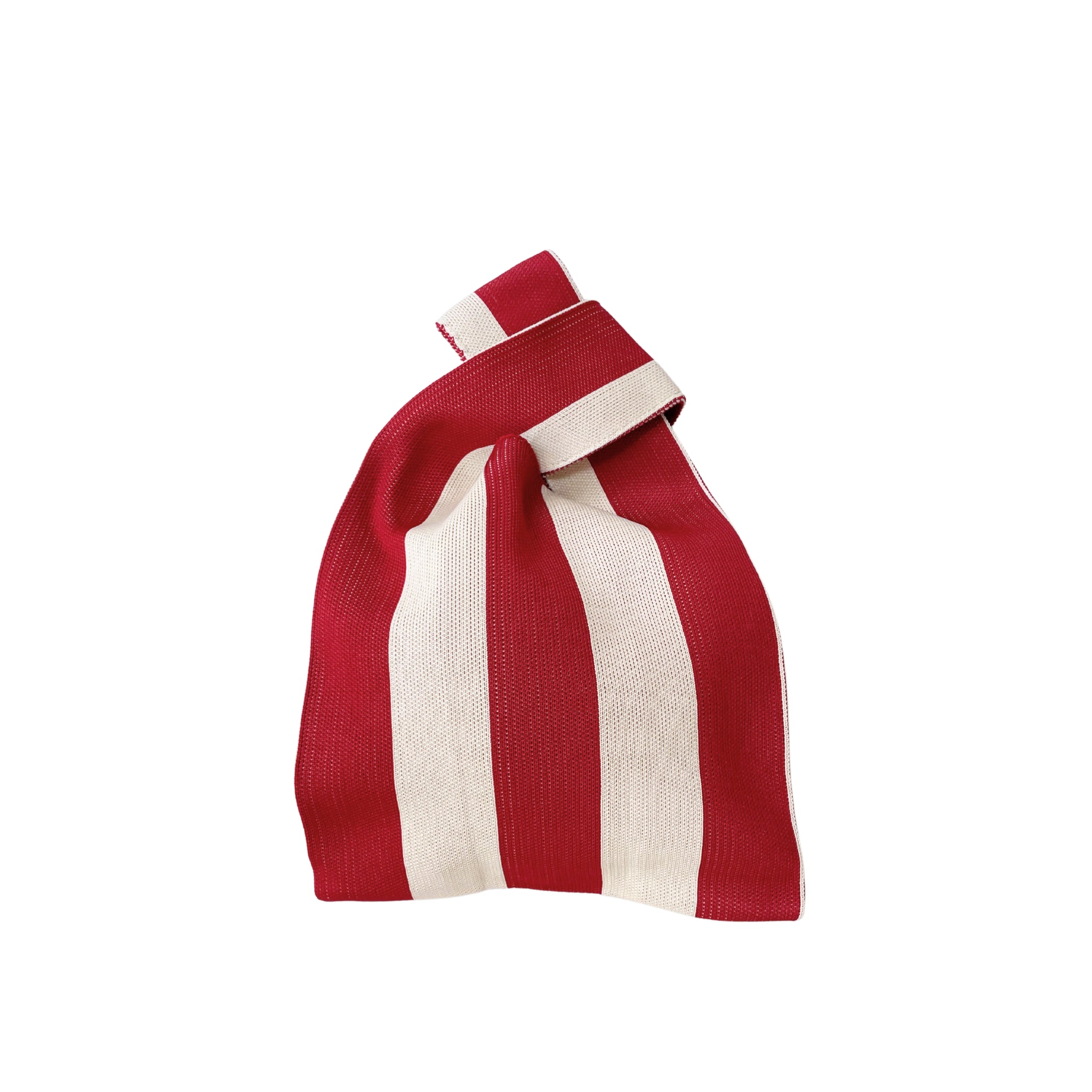De Caro Antwerp Caro Handtas Stripe The Casual is een kleine stoffen tas met gedurfde verticale rode en witte strepen, bovenaan geknoopt met een eenvoudige knoop - een perfecte geweven handtas om je modieuze kleding te accentueren.