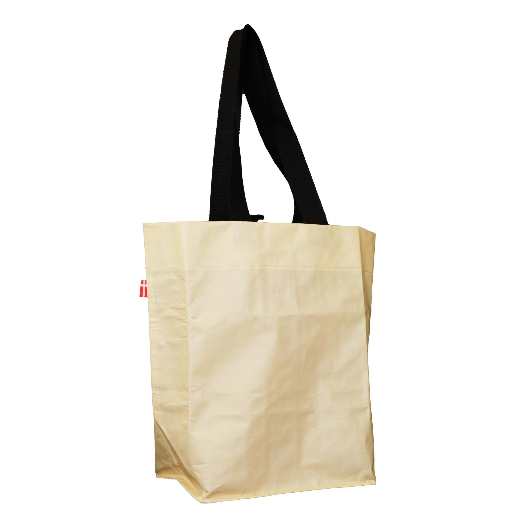 A Cobags Fietstas 2.0 Zonnegeel van Cobags, met zwarte hengsels en een klein rood label aan de zijkant, wordt getoond op een effen witte achtergrond.