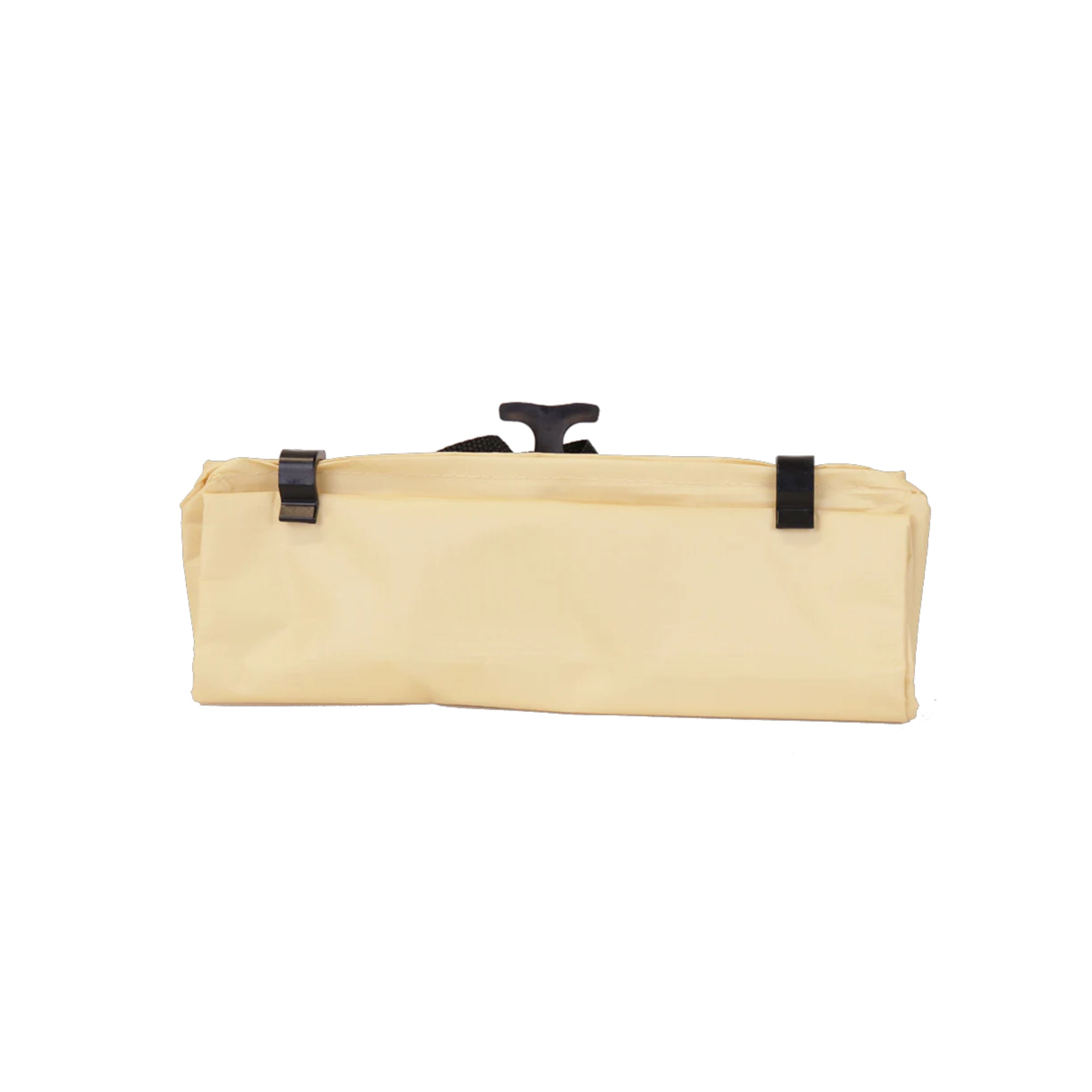 De Cobags Fietstas 2.0 Zonnegeel is een rechthoekig geel stoffen tasje met zwarte plastic clips en een gesp aan de bovenkant, afgebeeld op een witte achtergrond - ideaal als opvouwbare fietstas voor je dagelijkse woon-werkverkeer.