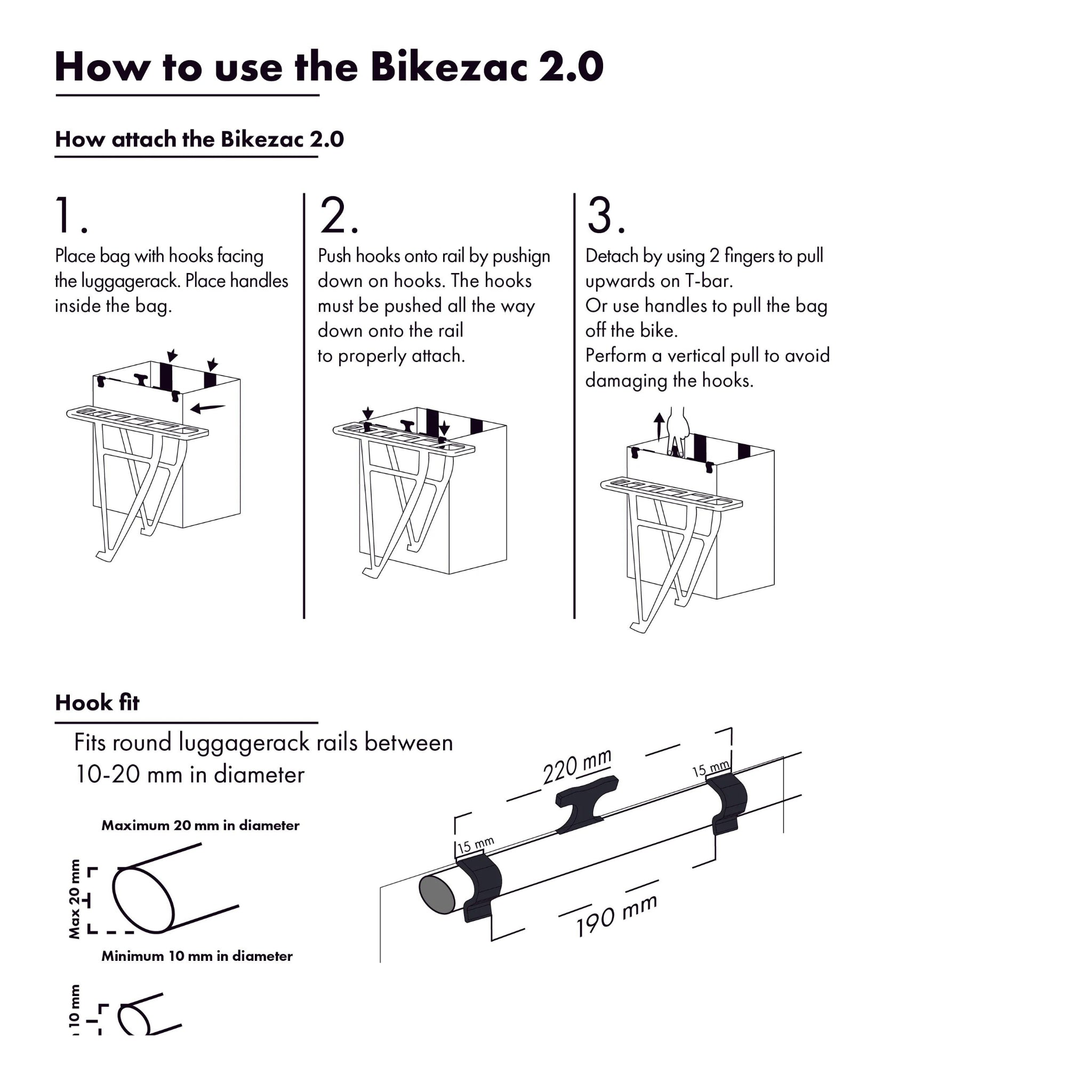 Instructieschema dat laat zien hoe je de Cobags Fietstas 2.0 Zonnegeel van Cobags aan de bagagedrager van je fiets bevestigt met haken, met gelabelde stappen, tekst, pijlen en afmetingen voor een gemakkelijke en veilige bevestiging.