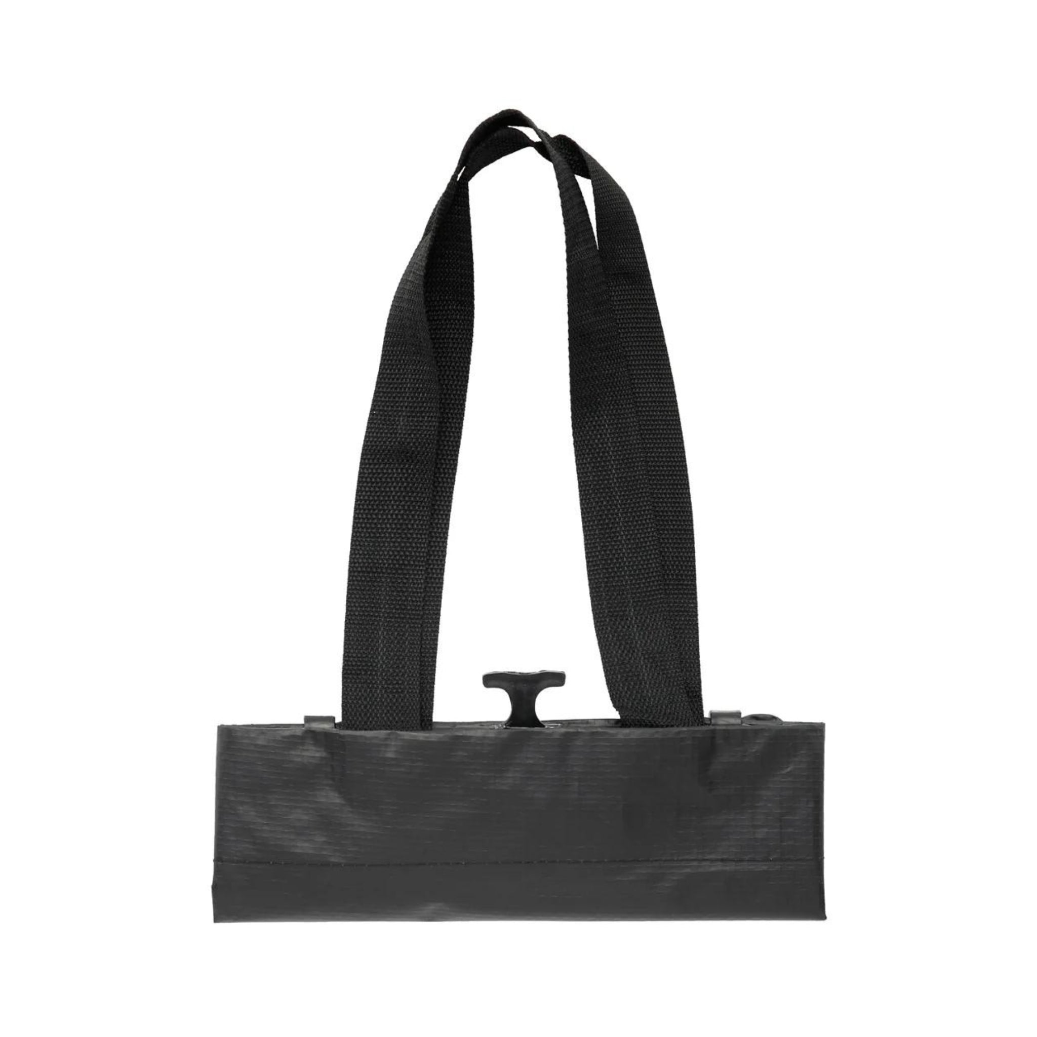 A Cobags Fietstas 2.0 Zwart van het merk Cobags, met een rechthoekige vorm, twee lange zwarte hengsels en een plastic handvat in het midden, gepresenteerd op een witte achtergrond.