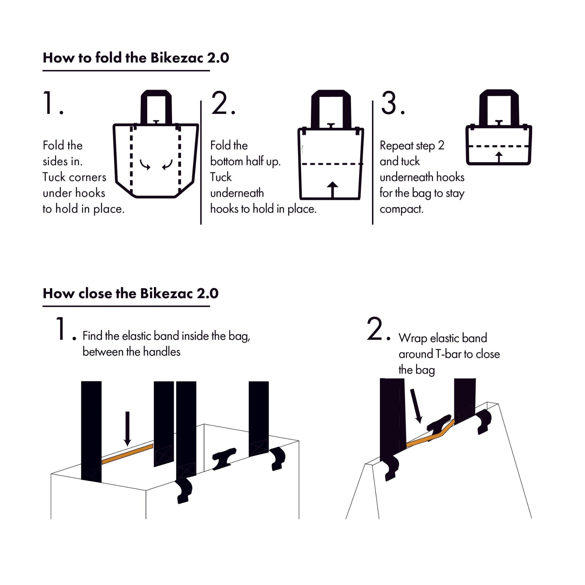 Stap-voor-stap geïllustreerde gids die laat zien hoe je de Cobags Fietstas 2.0 Zwart van Cobags vouwt en sluit, inclusief het vouwen van de zijkanten en onderkant, het instoppen van de haken en het vastzetten met een elastiek rond de handgrepen.
