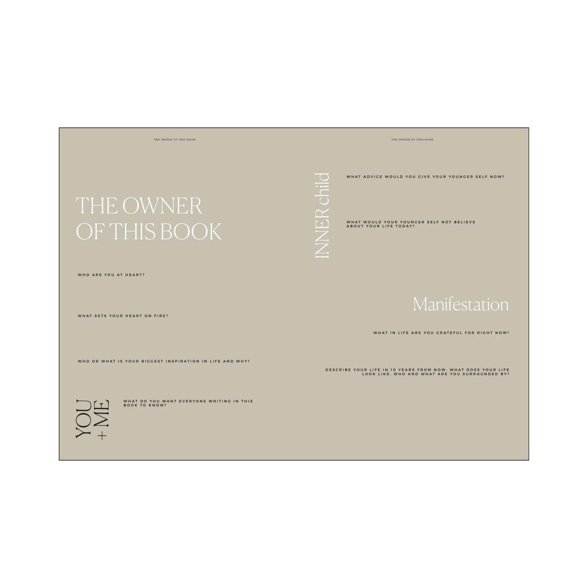 Het Cozy Publishing Book of Friends Notitieboek van Cozy Publishing heeft een beige omslag met witte tekst en aanwijzingen zoals "Wie ben jij in hart en nieren?", en biedt minimalistische secties voor zelfreflectie, persoonlijke vragen en het vastleggen van herinneringen.