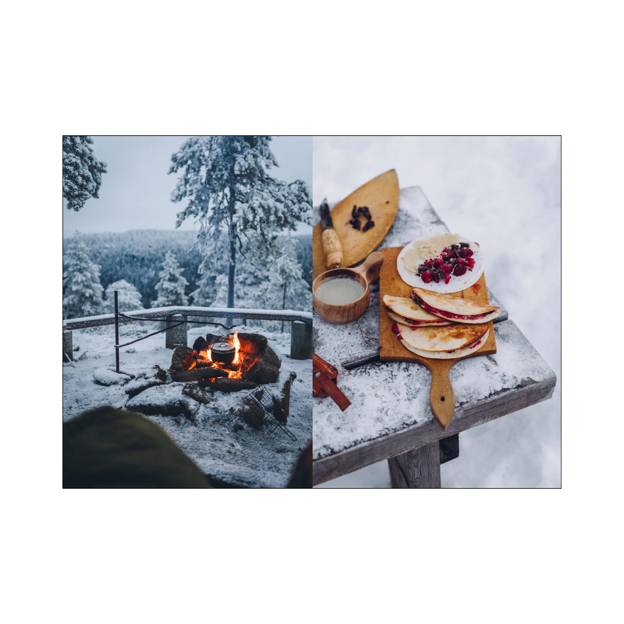 Een besneeuwde scène splitst zich in tweeën: links een kampvuur met banken en besneeuwde bomen; rechts rusten flatbreads van Cozy Publishing Food Over the Campfire Kookboek met room en bessen op een besneeuwde houten tafel.