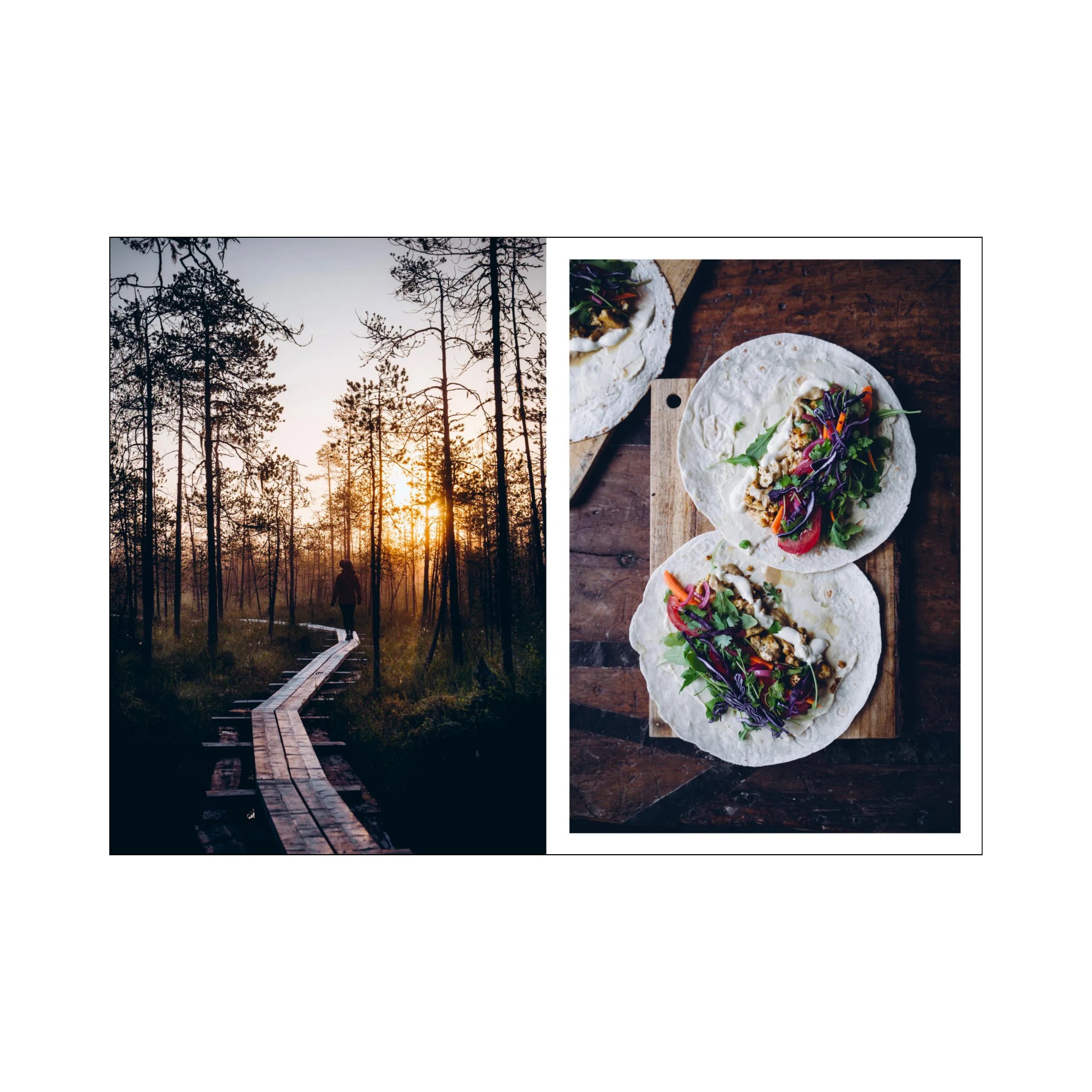 Een gesplitst beeld: links, iemand loopt over een bospad bij zonsondergang; rechts, twee met veggie gevulde tortilla's - perfecte inspiratie uit Cozy Publishing Food in the Woods Kookboek voor vegetarische recepten tijdens het koken in de natuur.