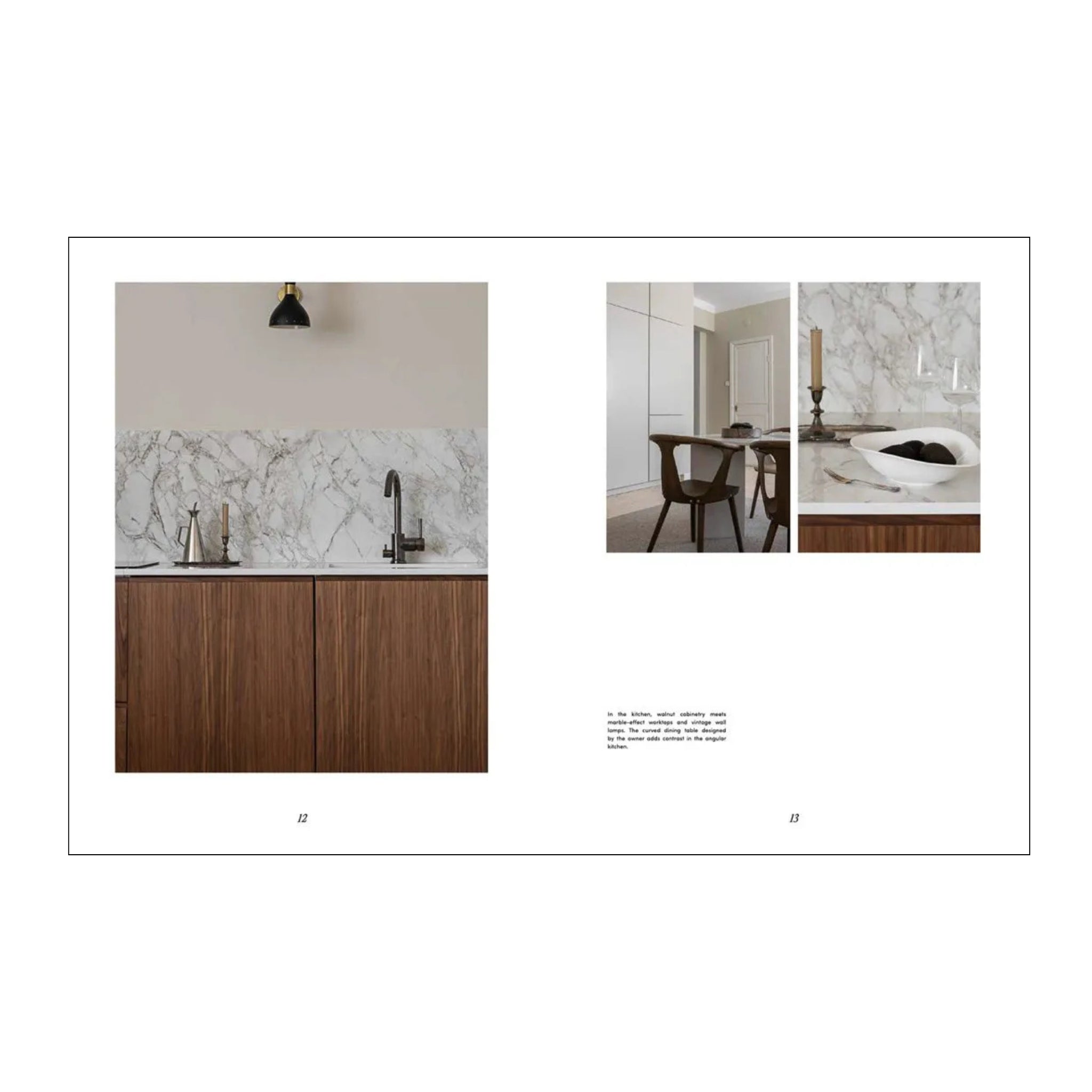 Een moderne keuken heeft een licht marmeren achterwand, houten kasten en een zwarte wandarmatuur. Foto's tonen de Scandinavische esthetiek van de eethoek en een schaal op het marmeren aanrecht naast het Cozy Publishing Soft Nordic Boek.