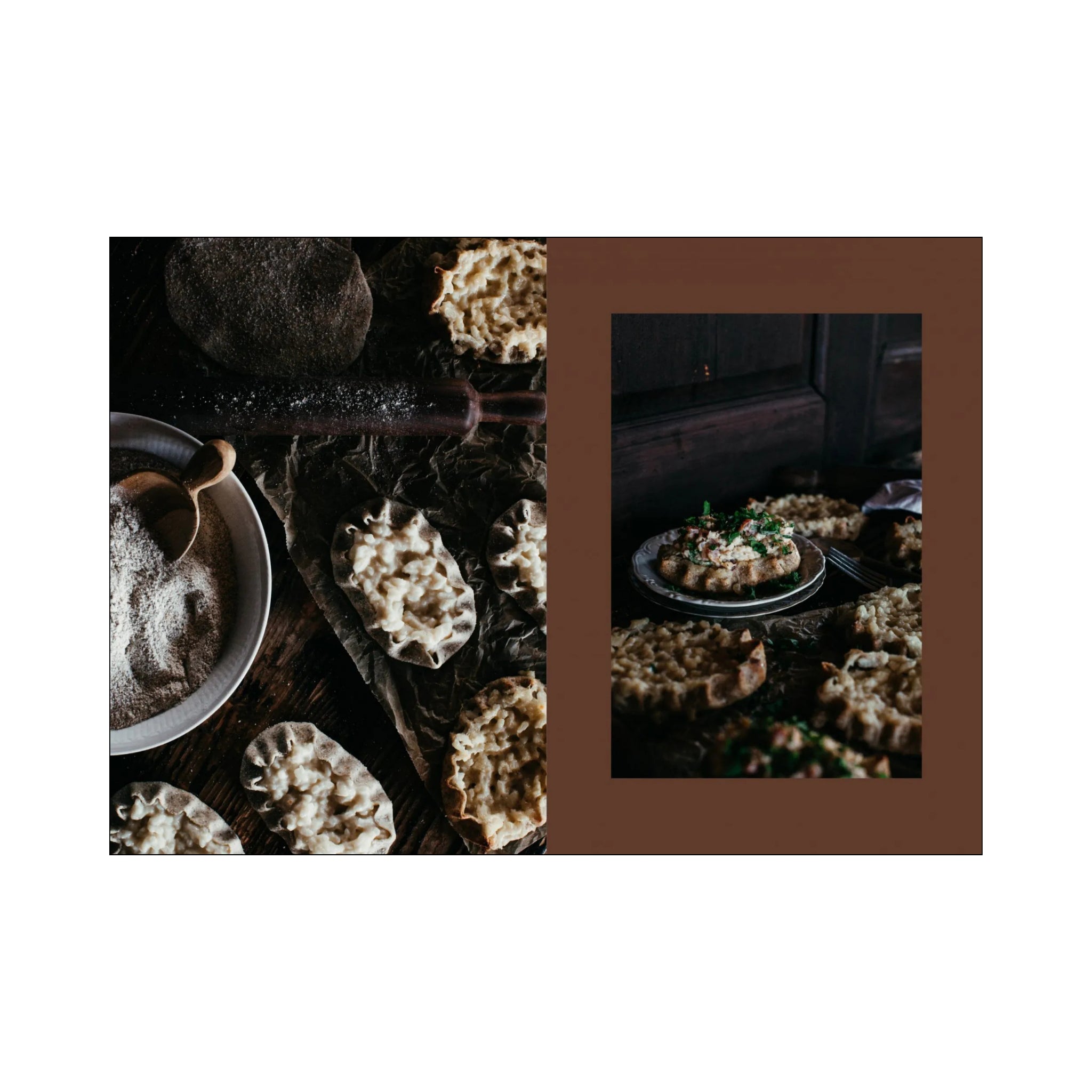 Een donker, rustiek tafereel toont schalen met ongebakken taarten - ideaal voor het Cozy Publishing Wonderful Morning Kookboek - terwijl een gebakken, met kruiden gegarneerde taart van Cozy Publishing rechts op een bruine achtergrond staat.