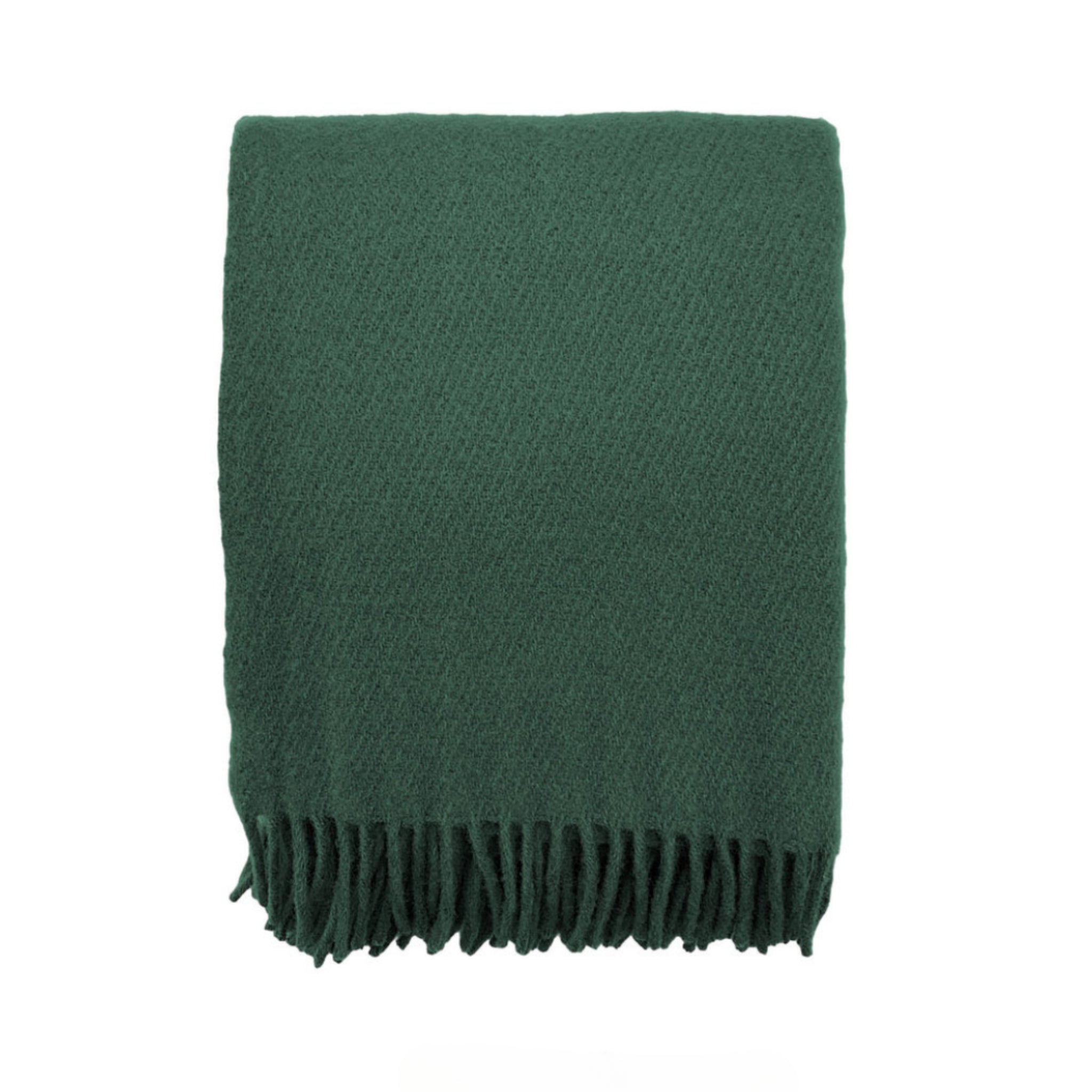 Een gevouwen D&T Design Plaid Wol Tijm Groen 130/180, donkergroen met een gestructureerd oppervlak en franjeranden, gemaakt van zuiver wol door D&T Design, weergegeven op een witte achtergrond.