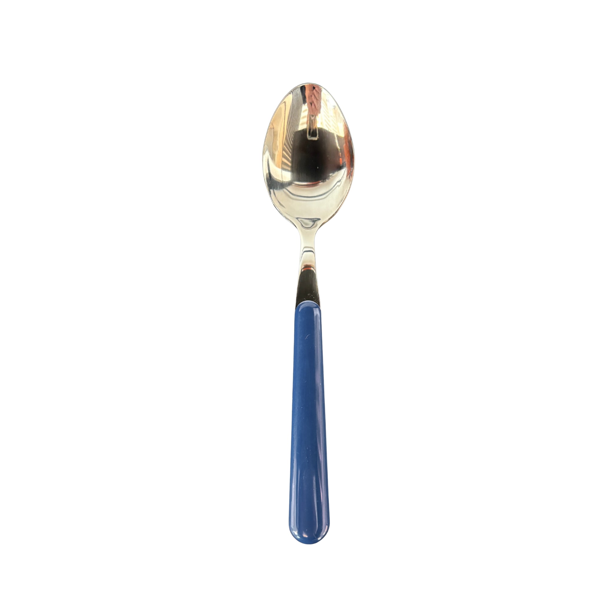 De EME Brio Tafellepel Blauw heeft een spiegelende metalen schaal en een kobaltblauw kunststof handvat, afgebeeld tegen een witte achtergrond.