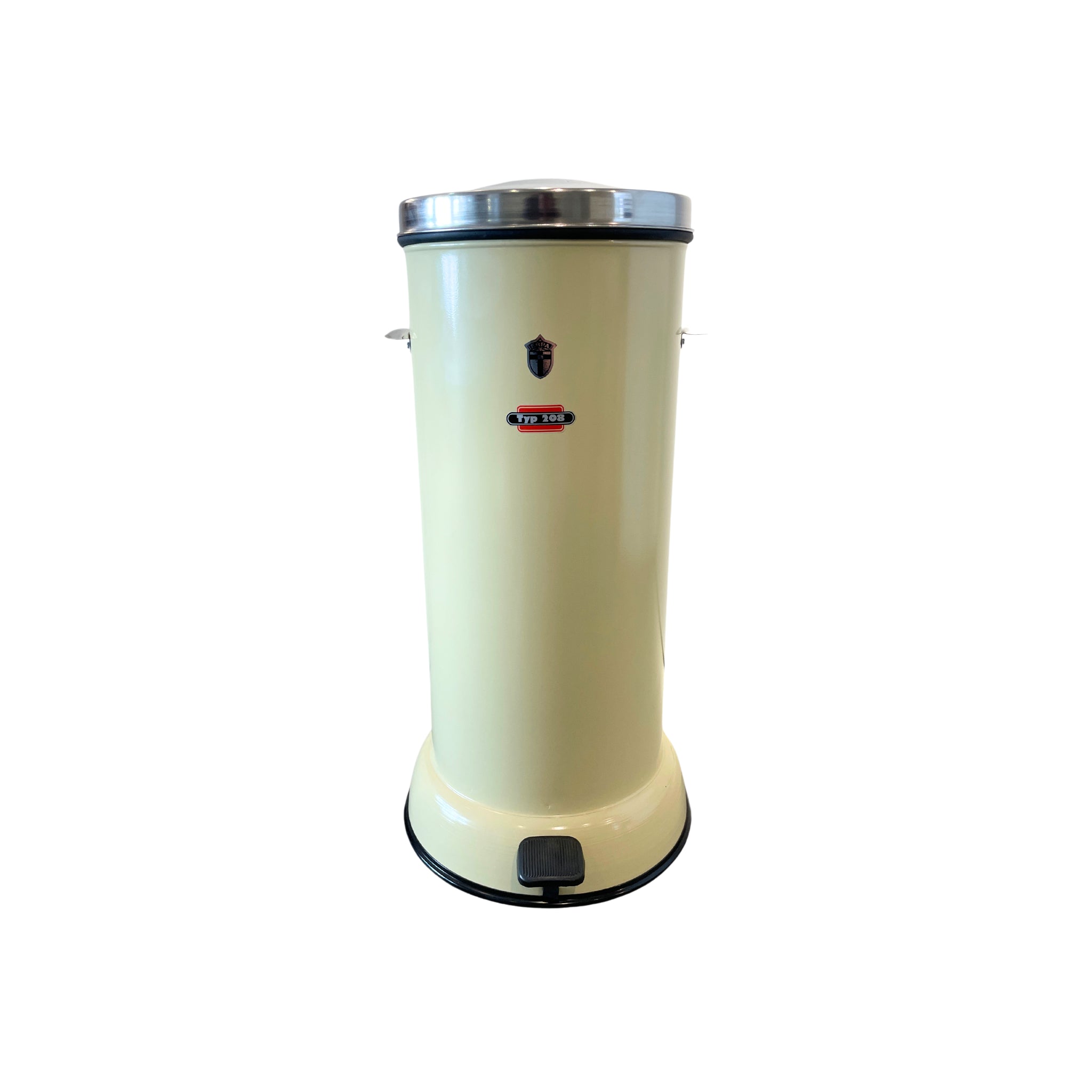 De Erpa Metall 208 Pedaalemmer Ivoor 28 l, een vintage-stijl crème pedaalemmer met roestvrijstalen deksel en handgrepen aan de zijkant van Erpa Metall, wordt getoond tegen een witte achtergrond.