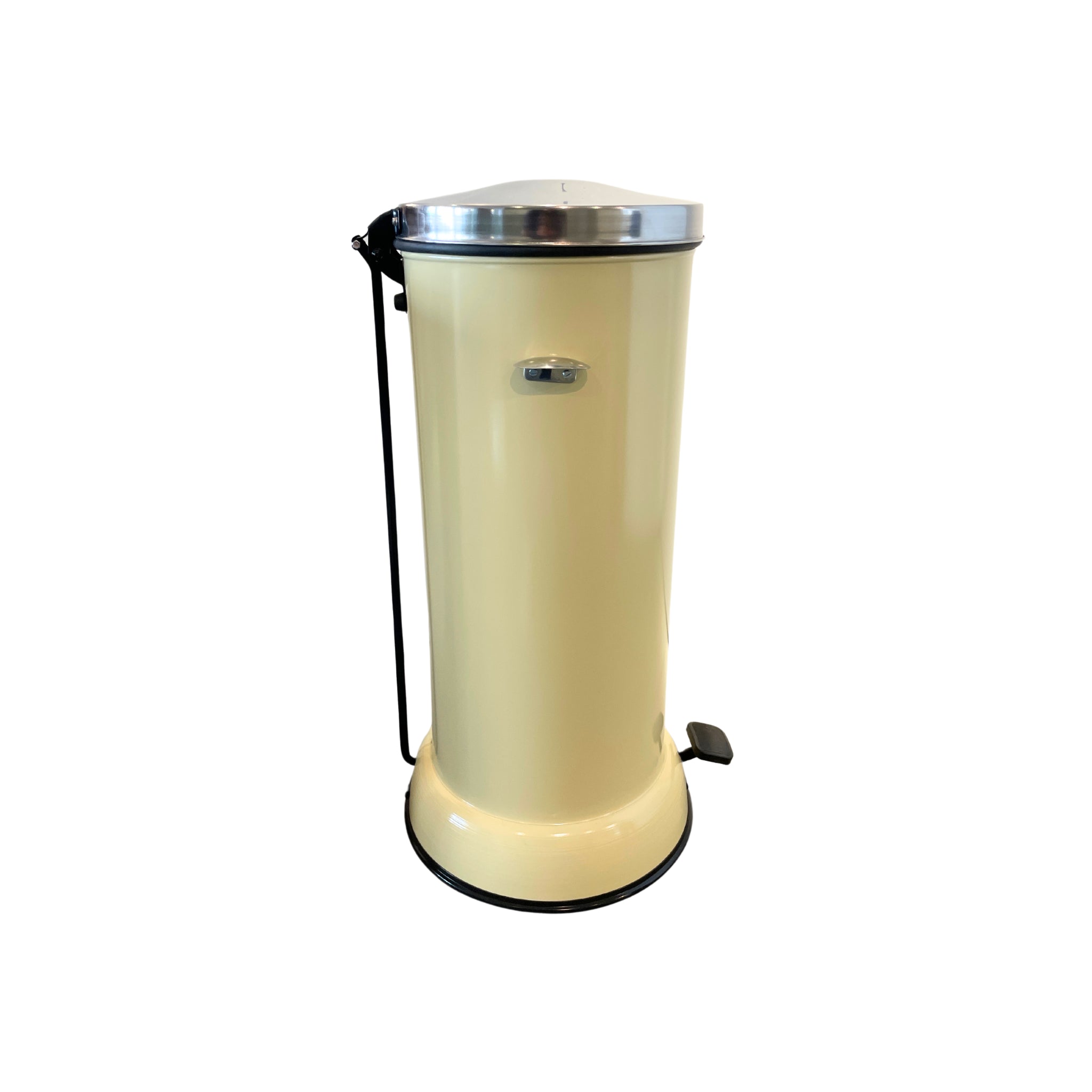 De Erpa Metall 208 Pedaalemmer Ivoor 28 l is een cilindrische metalen afvalemmer met een zilverkleurig deksel, voetpedaal aan de onderkant en zwarte handgreep aan de zijkant, met de nadruk op Duits vakmanschap, geïsoleerd op een witte achtergrond.