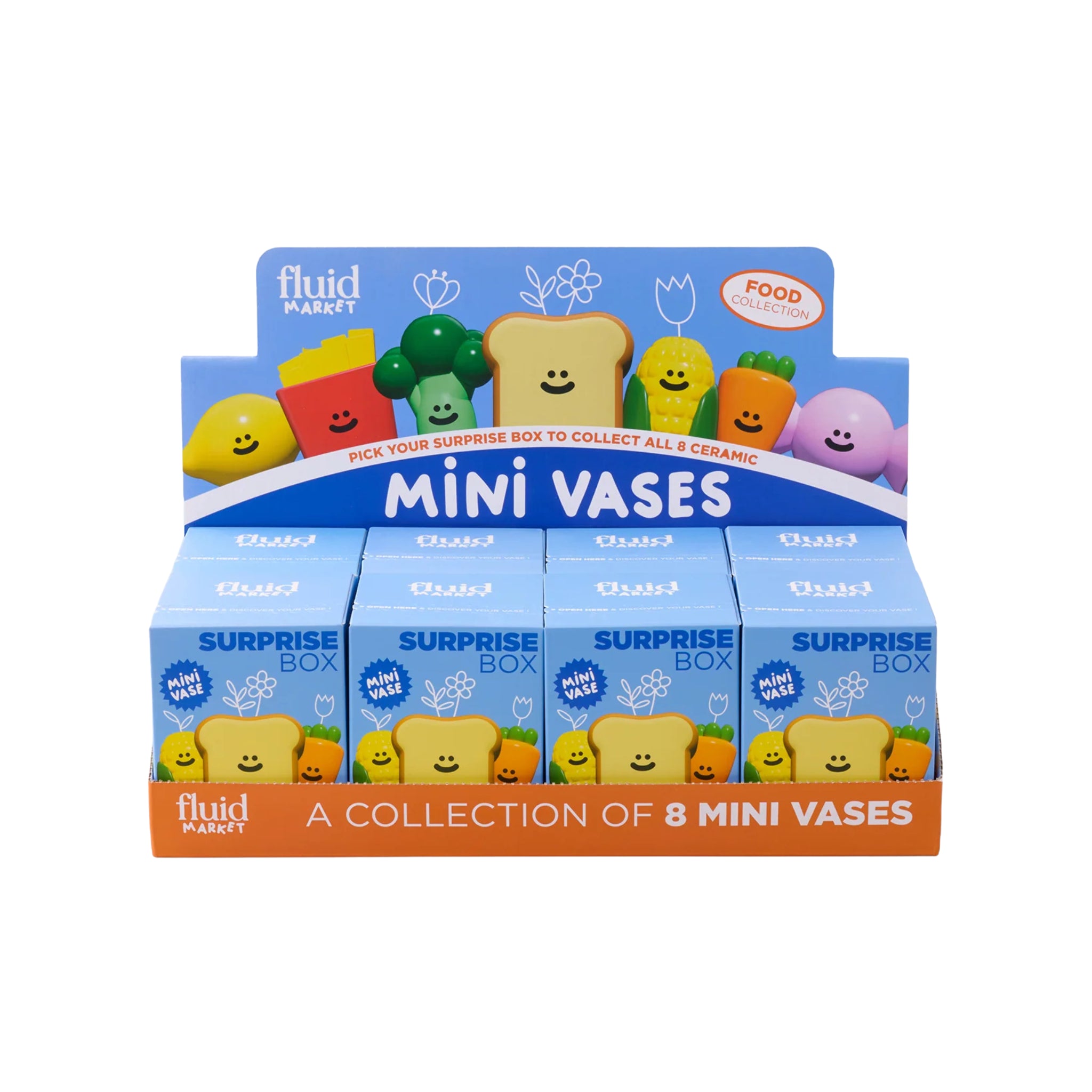Een displaydoos met het label "Fluid Market Box Food Vaasje 'Verrassing' 1 st." van Fluid Market bevat acht blauwe verrassingsdozen met schattige keramieken objecten, zoals de Citroen Vaas, die allemaal dit heerlijke Frans merk promoten.