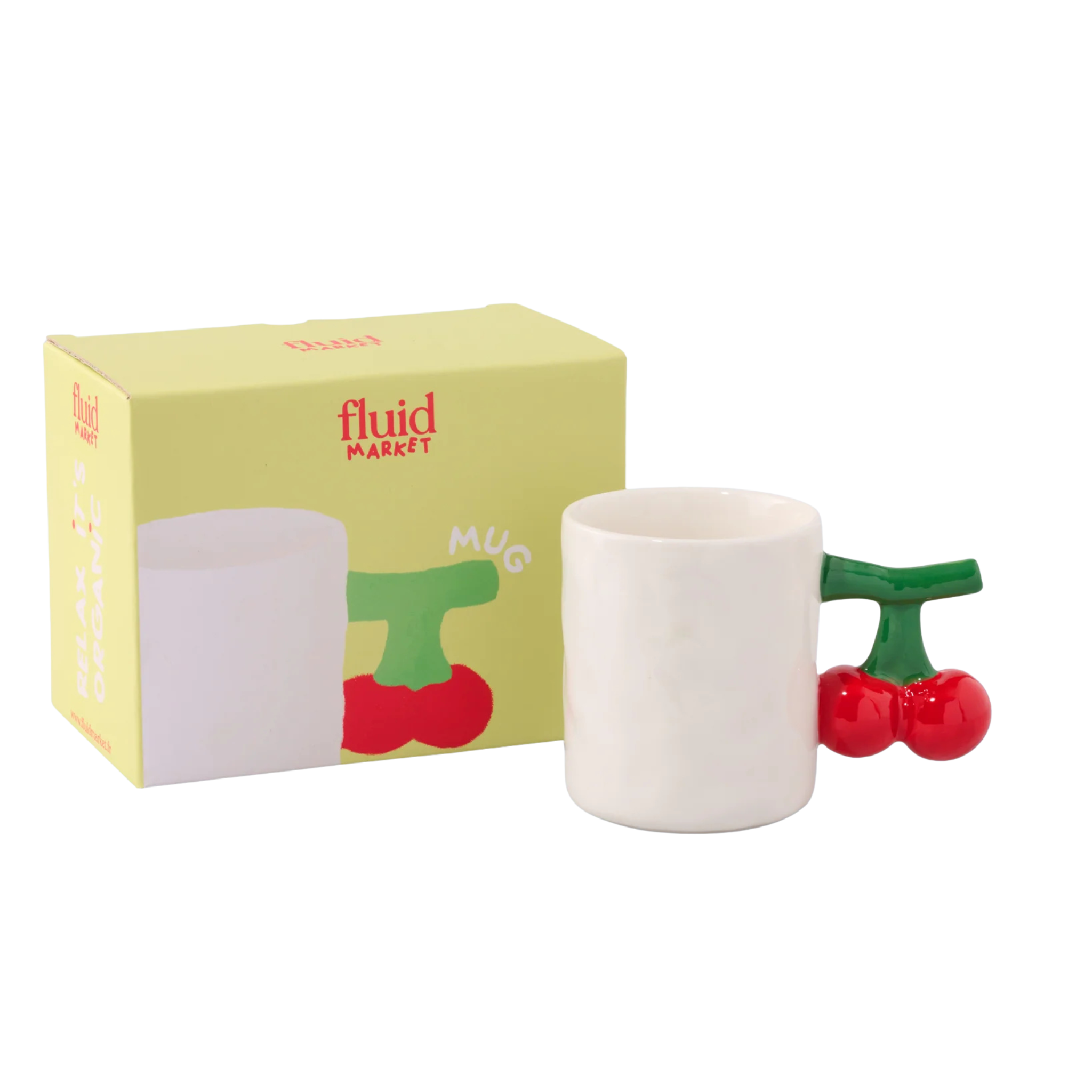 De Fluid Market Mok Kers is een witte keramische mok met een handvat in de vorm van twee rode kersen en een groen staal. De speelse mok wordt geleverd in een gele doos met Fluid Market logo en een afbeelding van de kersenmok.