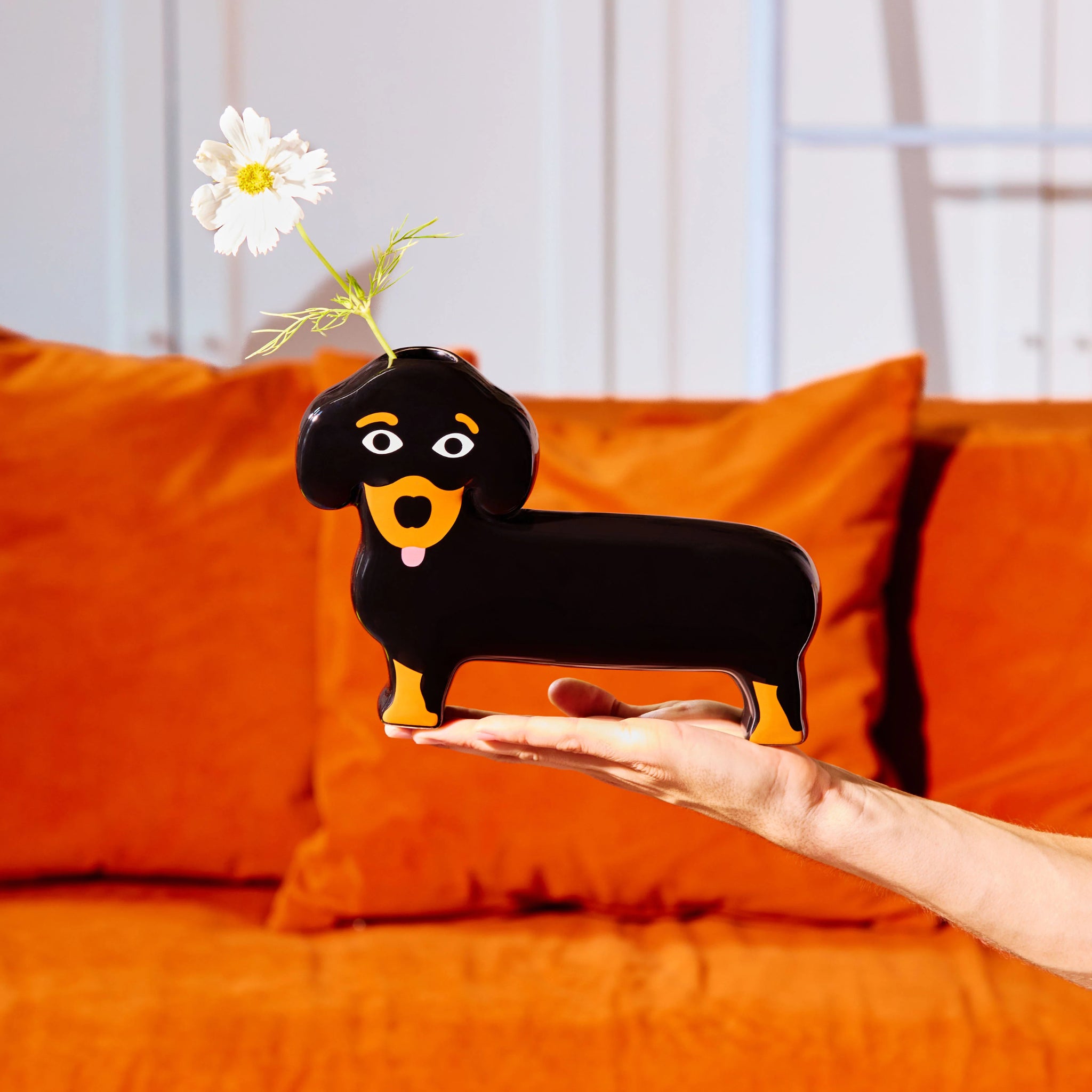 Een hand houdt de Fluid Market Teckel Vaas van Fluid Market vast, een zwarte vaas in de vorm van een teckel met oranje details en een witte bloem. Fel oranje kussens en een lichte muur maken deze unieke woonaccessoires setting compleet.