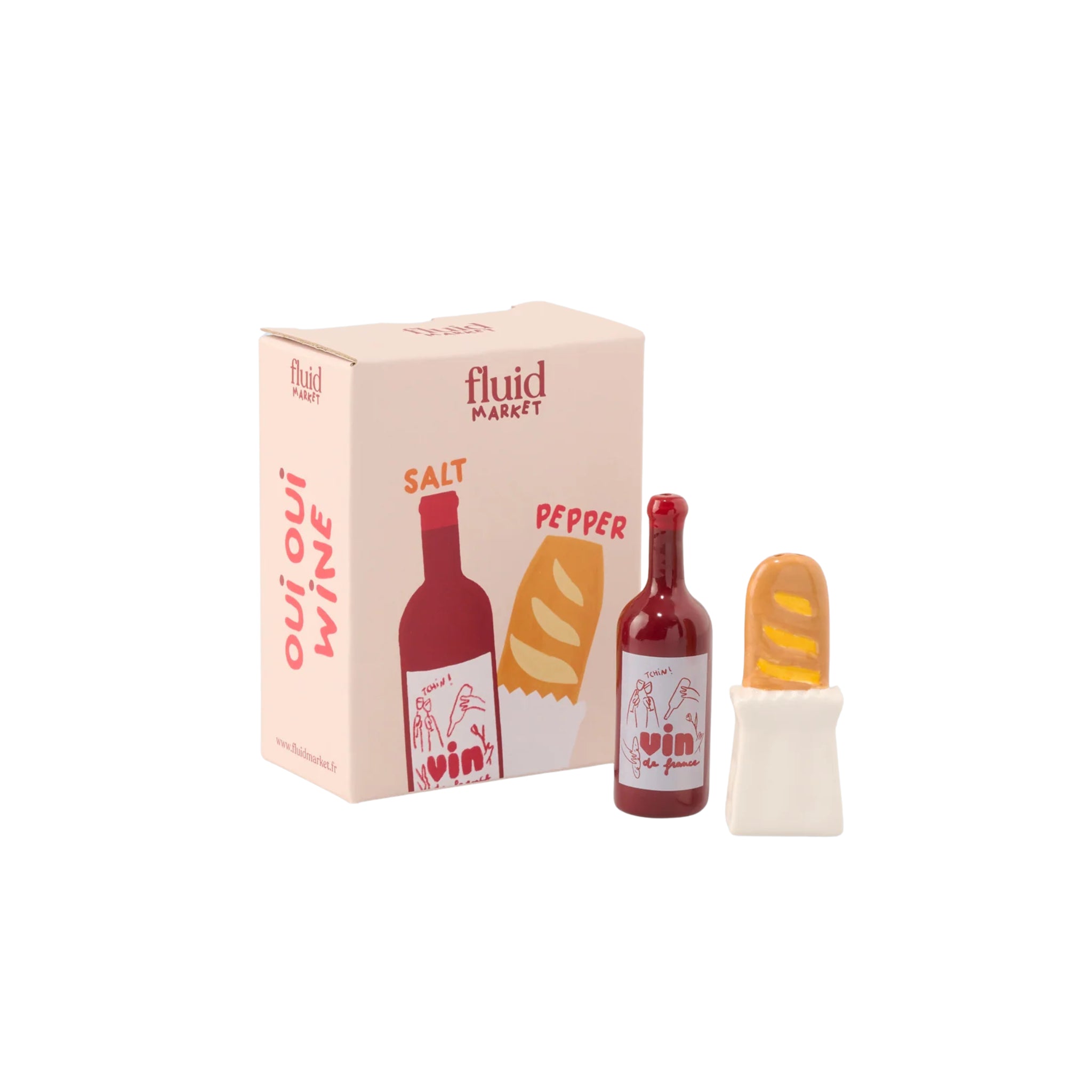 Fluid Market Zout- en Pepervaatjes Baguette 2 st.: keramieken zout- en pepervaatjes in baguette- en wijnflesvorm, stijlvol verpakt in een roze Fluid Market doos met illustraties van deze unieke set.