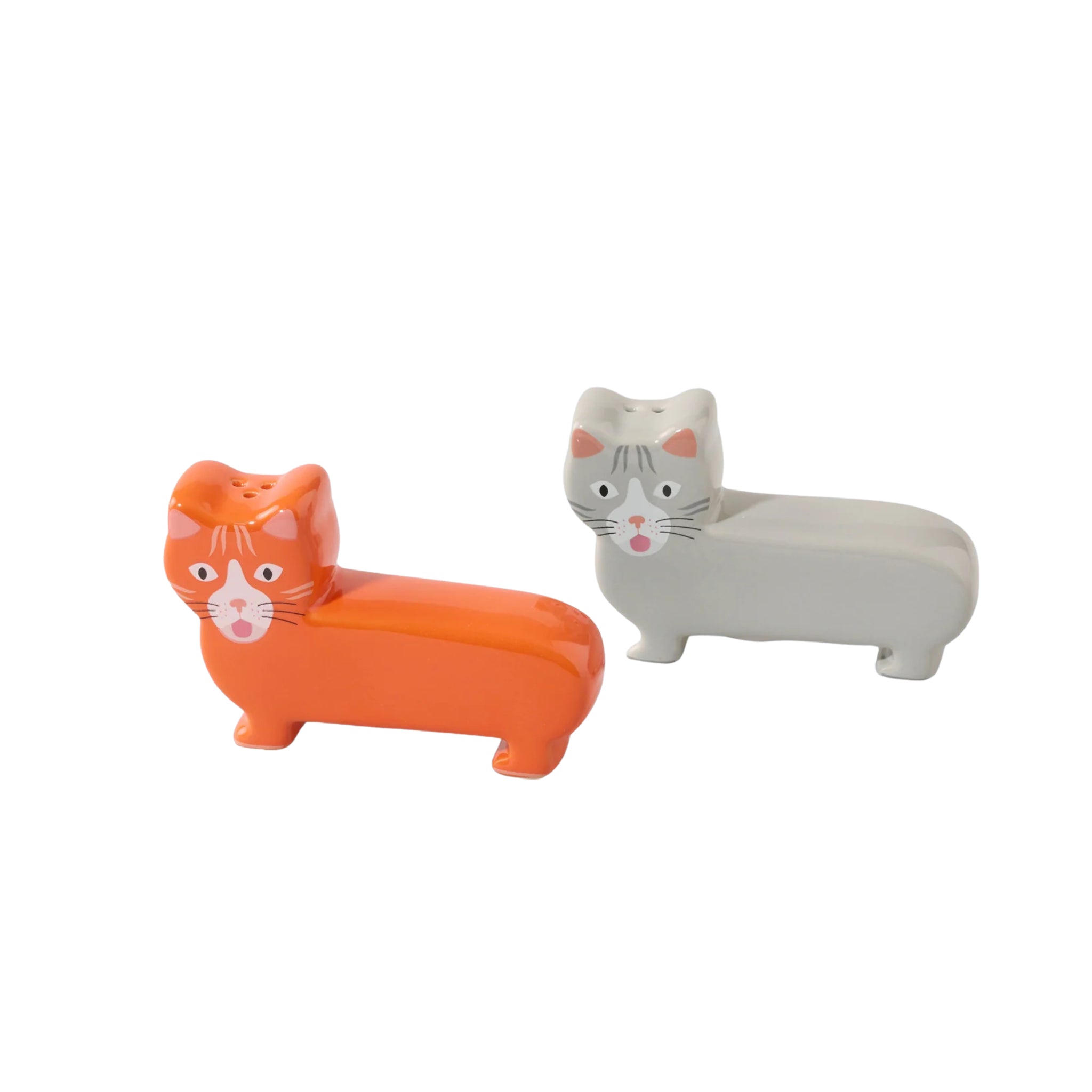 Fluid Market Zout- en Pepervaatjes Kat 2 st. van Fluid Market: keramieken katjes in oranje en grijs met witte details, beide naar rechts gericht - een charmant designcadeau voor kattenliefhebbers.