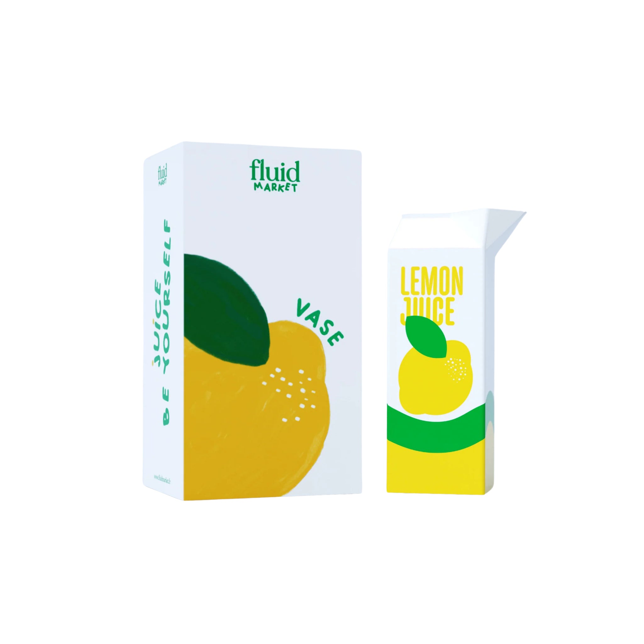 De Fluid Market Citroensap Vaas doos en doos zijn voorzien van opvallende gele citroenafbeeldingen en groene tekst, met een speels minimalistisch ontwerp. Op de doos staat "Fluid Market, Juice Be Yourself" terwijl op de doos "Citroensap Vaas.