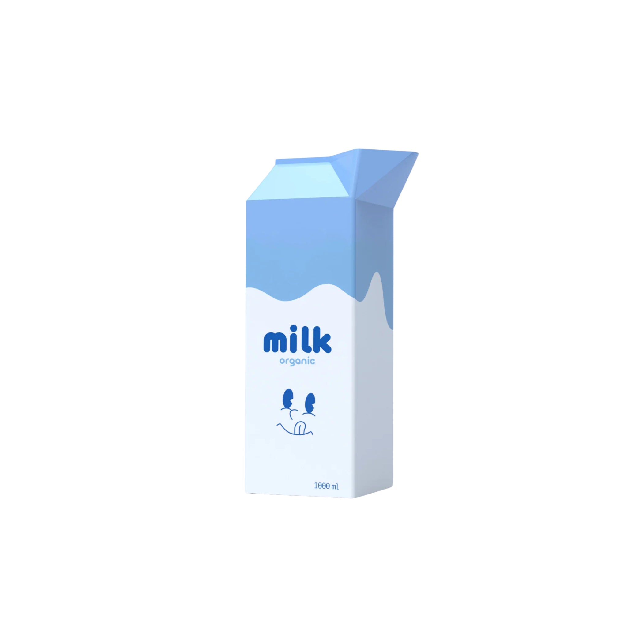 Een blauw-wit pak Fluid Market Melk Vaas van 1000 ml met een minimalistisch ontwerp, het woord "melk", kleine geïllustreerde letters en een blauw golvend patroon op de bovenste helft.