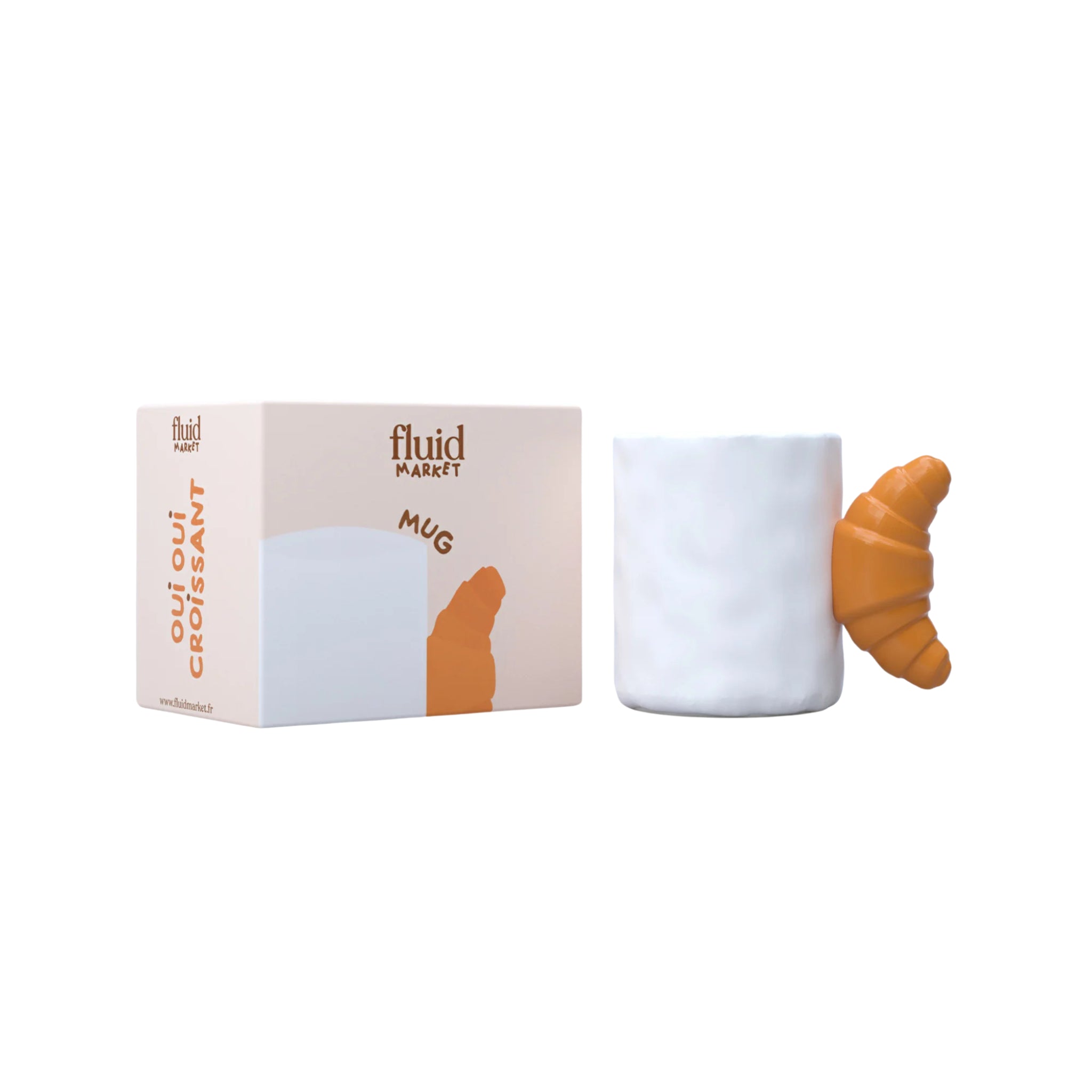De Fluid Market Mok Croissant, een witte mok met een croissantvormig handvat en "Fluid Market" verpakking, is een origineel cadeau voor fans van unieke keramieken objecten. Merk: Fluid Market. Product: Mok Croissant.