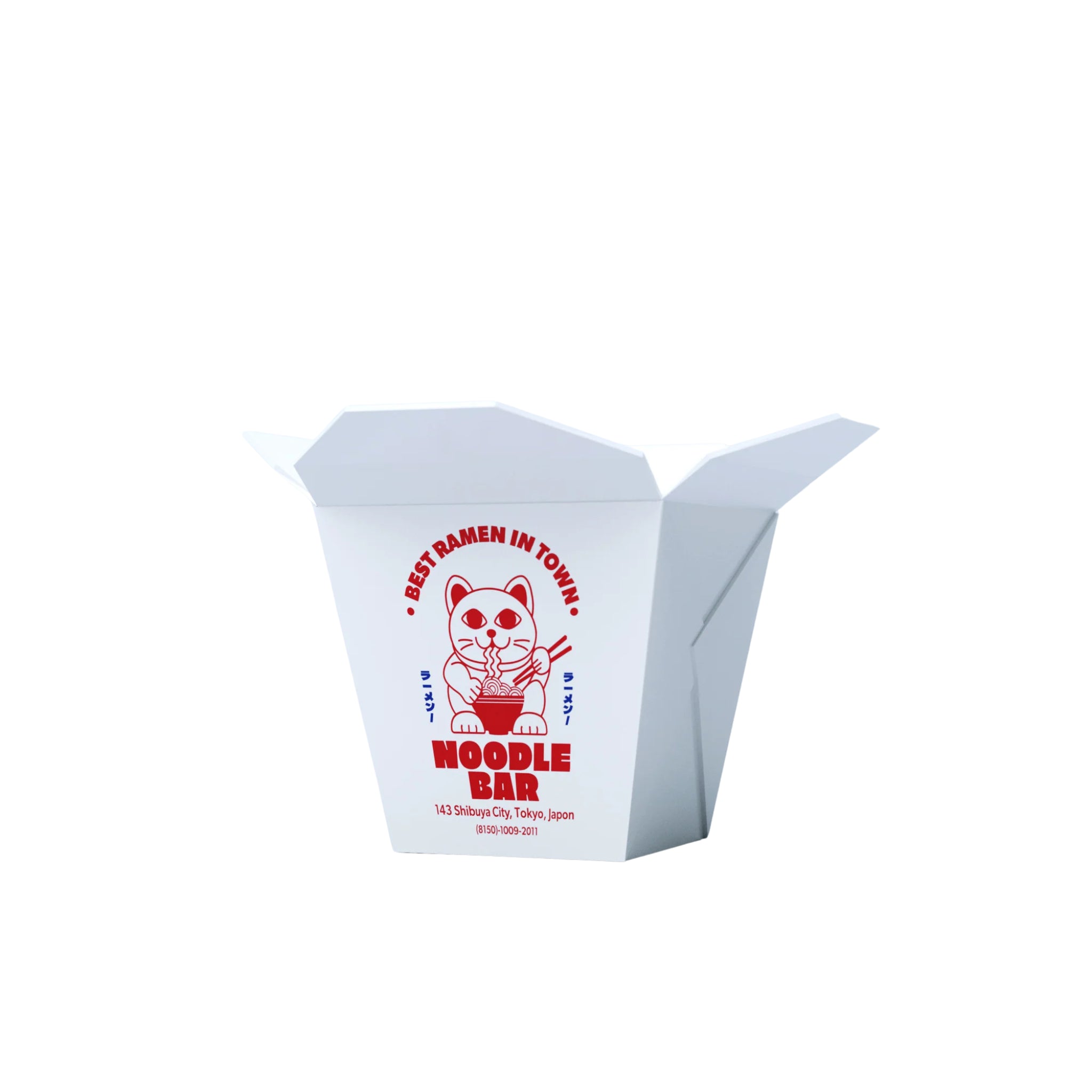 Witte afhaaldoos met rode en blauwe tekst en een cartooneske kat met eetstokjes. "Best Ramen in Town" staat boven "Fluid Market Ramen Pot" (door Fluid Market), met daaronder het adres en de telefoon, geïnspireerd op het ontwerp van Frans.