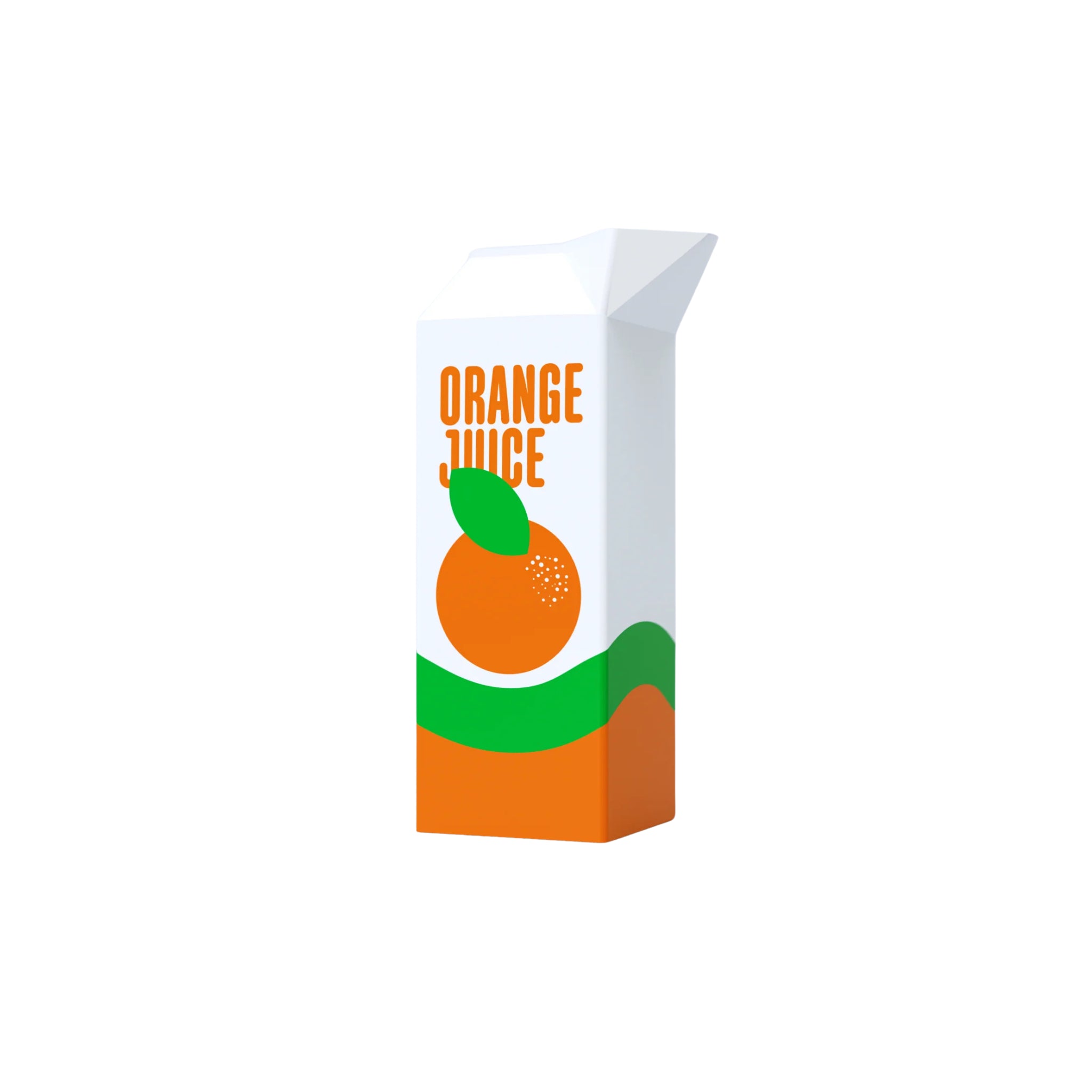 De Fluid Market Sinaasappelsap Vaas heeft een rechthoekig kartonnen sinaasappelsapontwerp met oranje en groene accenten, een oranje fruitillustratie en "ORANGE JUICE" tekst op een witte achtergrond in een moderne stijl. Merk: Fluid Market.