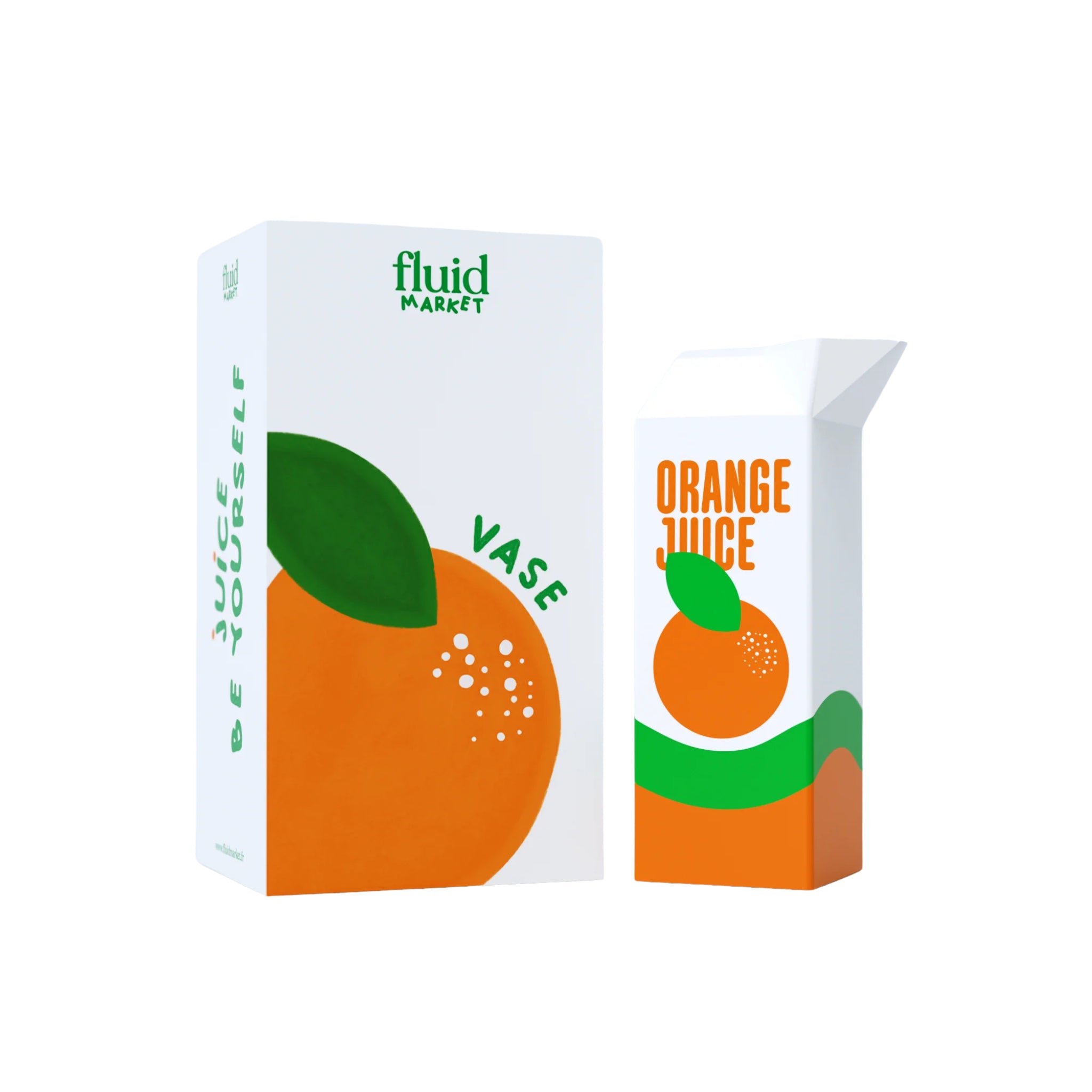 Een grote witte doos met een oranje en groen ontwerp met de naam Fluid Market Sinaasappelsap Vaas en een kleinere witte doos met de tekst "ORANGE JUICE" zijn beide voorzien van het oranje en groene motief van het Fluid Market-merk.