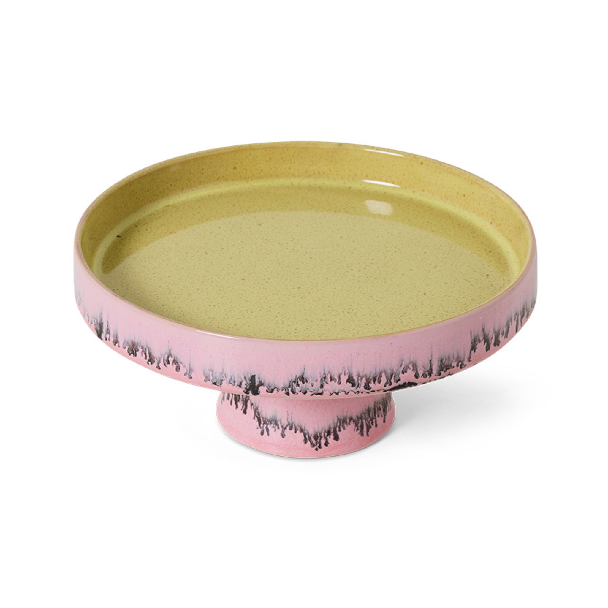 De HK Living 70s Ceramics Kom op Voet Bubble is een keramische cakestandaard met een brede geel-beige bovenkant, roze basis en zwart-grijze druiprand, die retro stijl laat zien in deze schaal op voet.