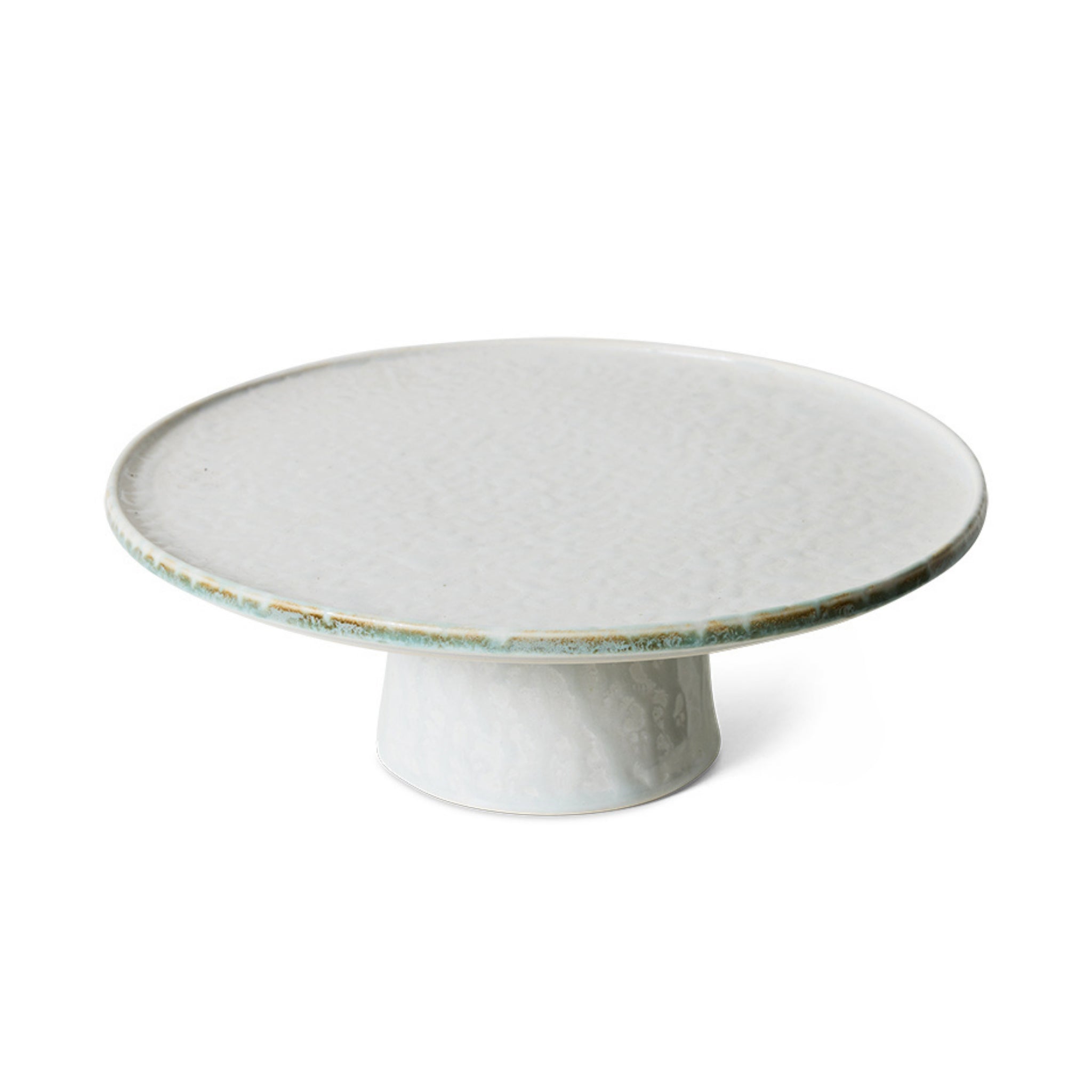 De HK Living 70s Ceramics Plateau/Taartschaal Smudge M is een witte keramische standaard met een brede, platte bovenkant en stevige voet, geïnspireerd op jaren 70 keramiek en afgebeeld tegen een effen witte achtergrond.