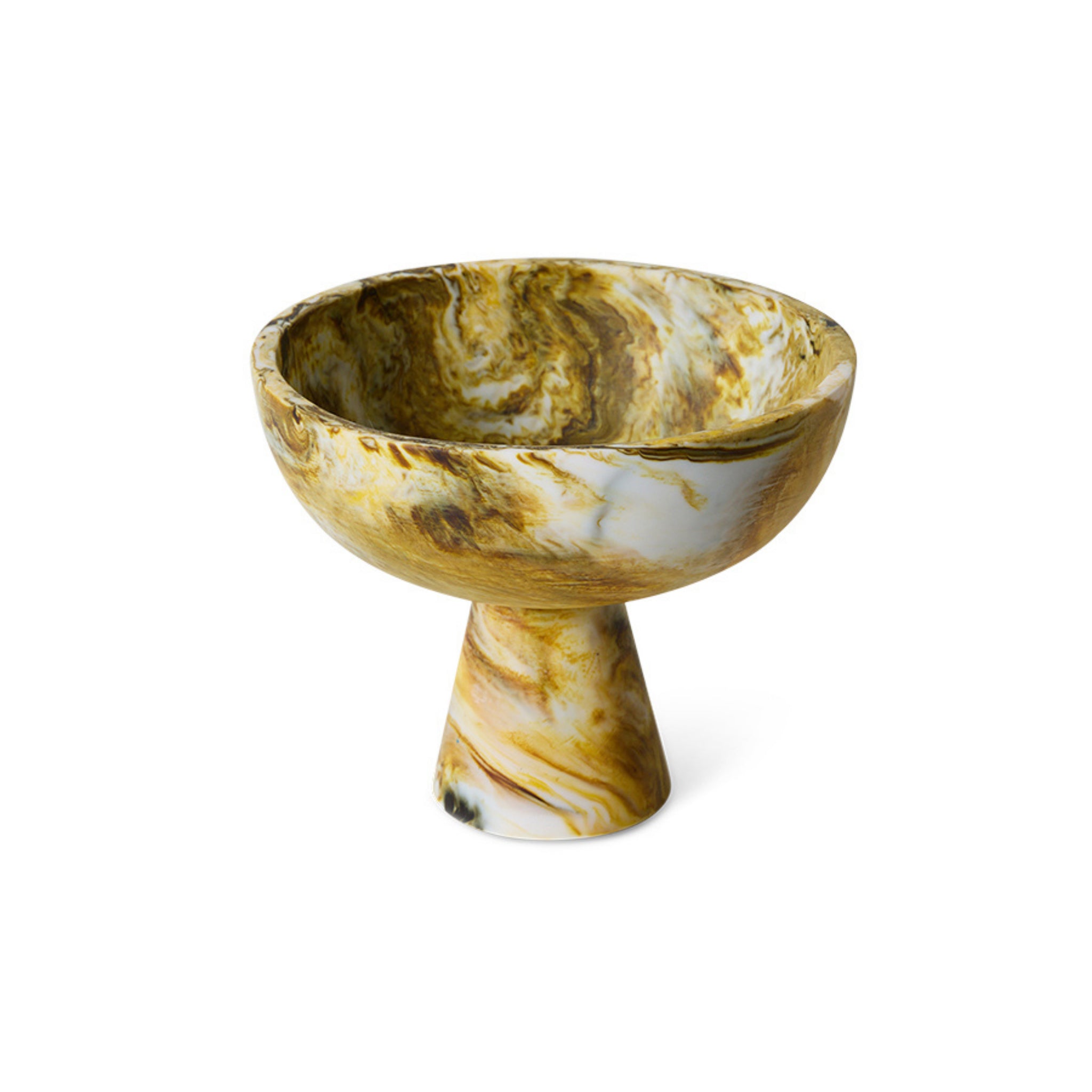 De HK Living gemarmerde Kom op Voet Oker D23 heeft een opvallend gemarmerd patroon in gele, bruine en witte tinten. Dit decoratieve stuk van HK Living steekt prachtig af tegen een witte achtergrond.