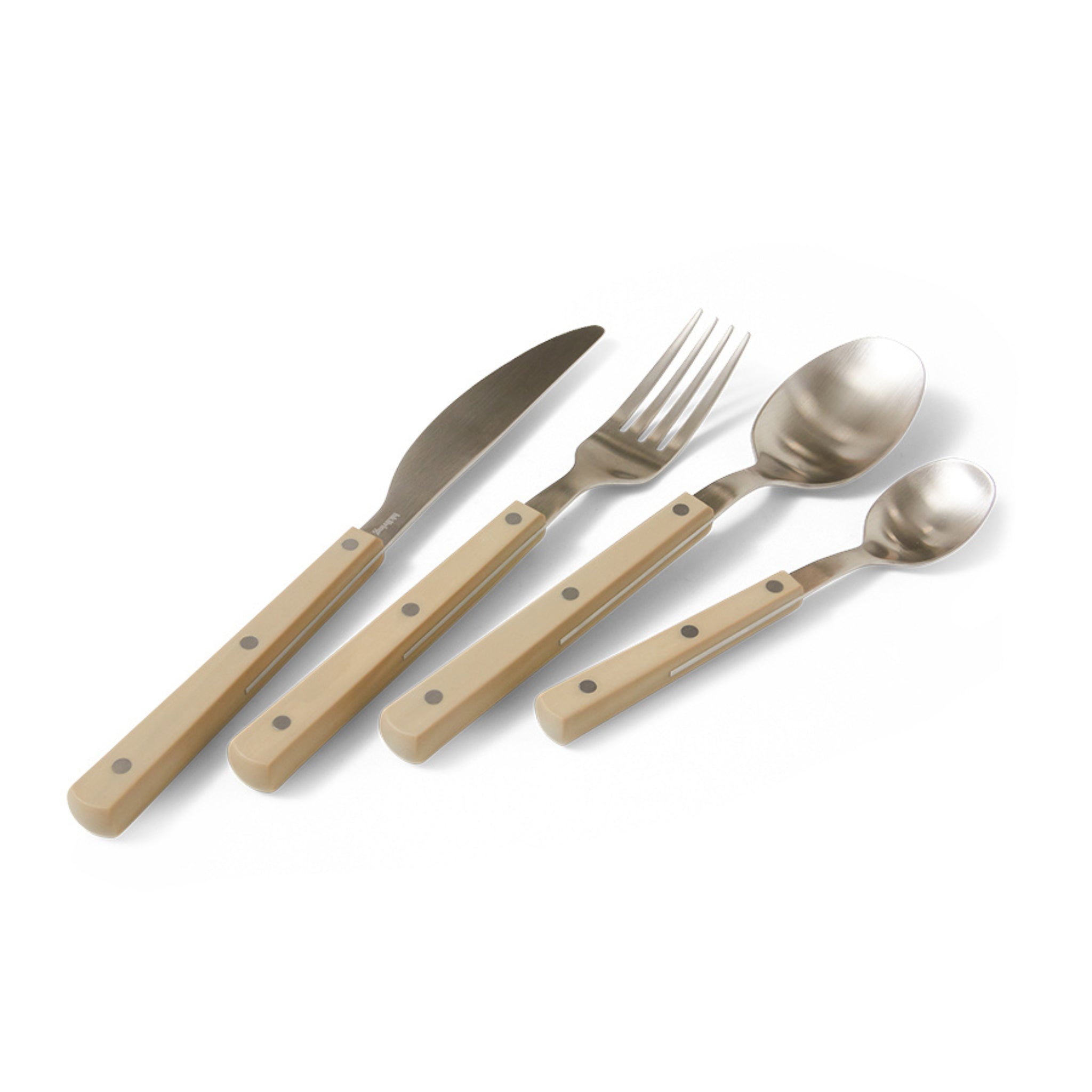 De HK Living 70s Cutlery Tafellepel Olijfgroen is een roestvrijstalen eetlepel met een olijfgroen handvat, geïnspireerd op jaren '70 bestek, van HK Living, afgebeeld op een witte achtergrond.