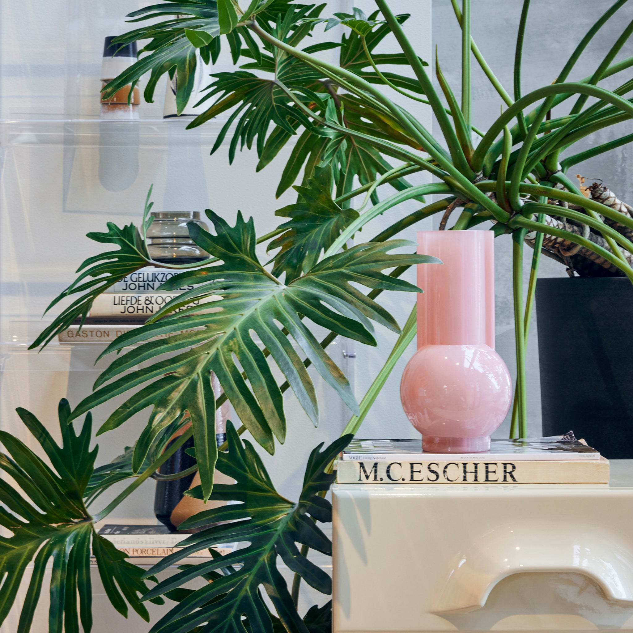 Een grote bladplant staat naast de HK Living Vaas Flamingo Roze H25. Gestapelde boeken, waaronder een met het label M.C. Escher, creëren een stijlvolle en moderne decoratieve opstelling binnenshuis.